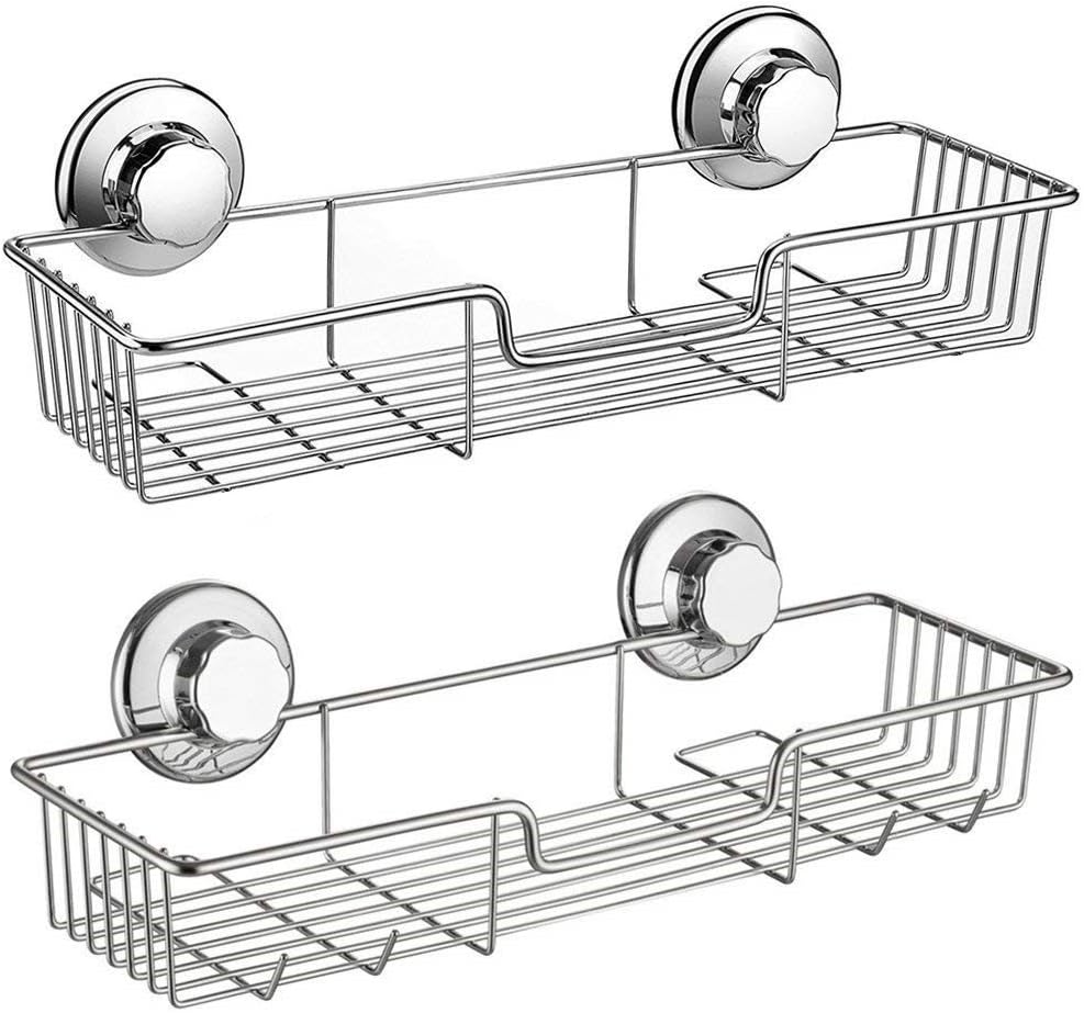 SANNO Suction Shower Caddy, Suction Cup Bathroom Shower Organiser,Bath Shelf Storage Combo Organizer Basket, Kitchen & Bathroom Accessories Shampoo Conditioner - Rustproof Stainless Steel(Set of 2)