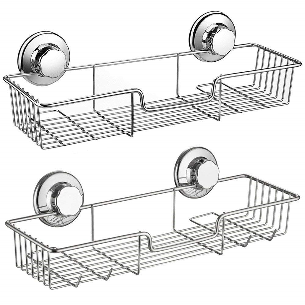 SANNO Suction Shower Caddy, Suction Cup Bathroom Shower Organiser,Bath Shelf Storage Combo Organizer Basket, Kitchen & Bathroom Accessories Shampoo Conditioner - Rustproof Stainless Steel(Set of 2)