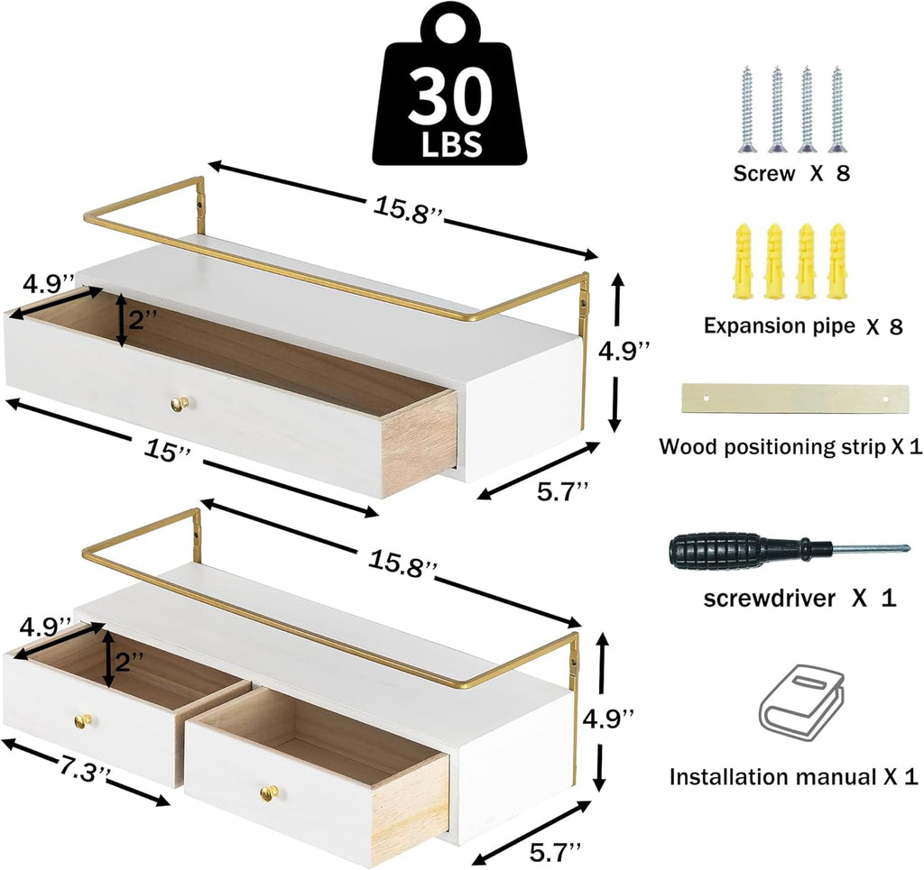 Dreampossible Floating Shelves With Drawers Set of 2 - Wall Mounted Storage for Bathroom, Living Room, Kitchen - Rustic Wood Wall Decor for Plants, Books