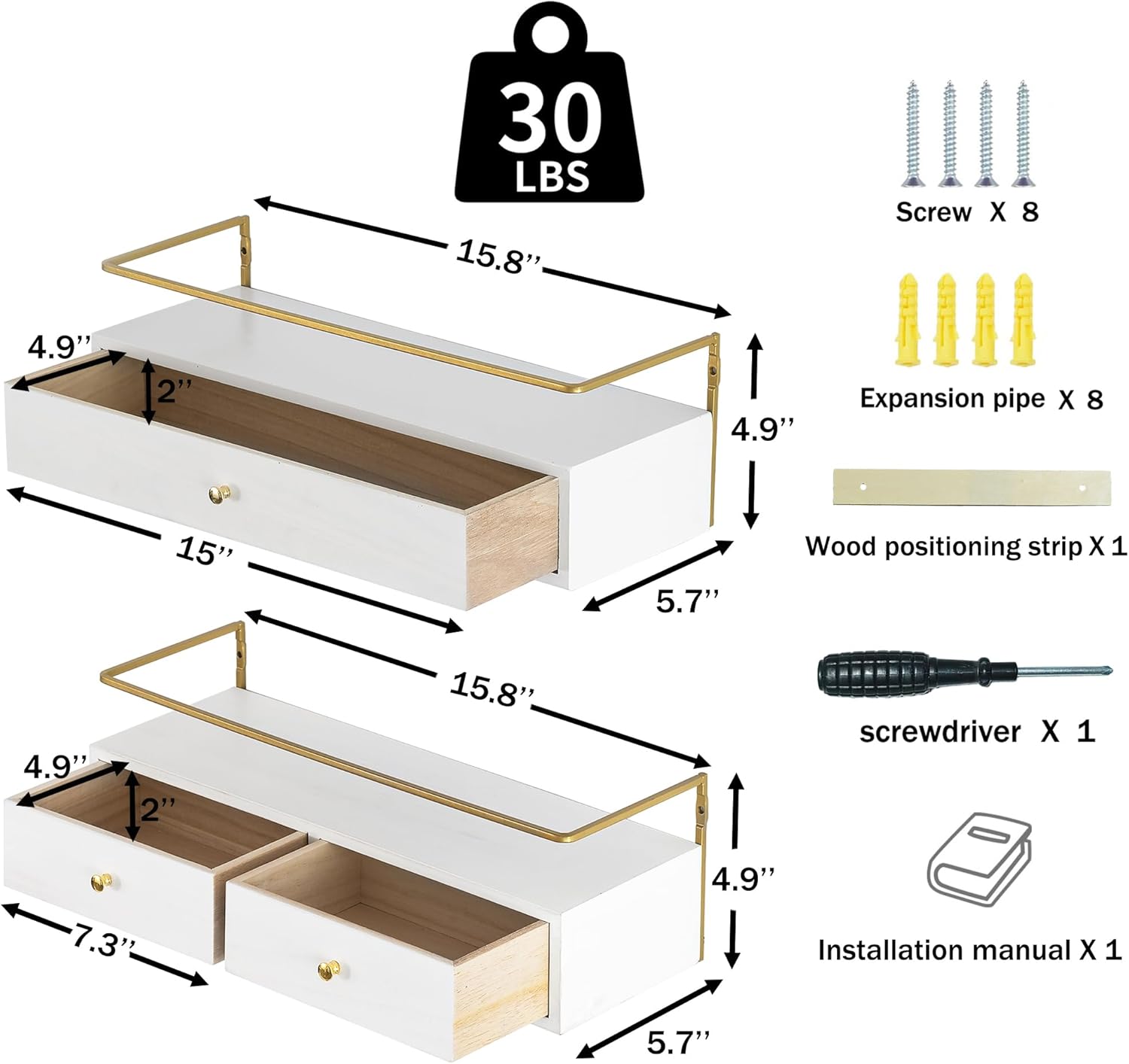 Dreampossible Floating Shelves With Drawers Set of 2 - Wall Mounted Storage for Bathroom, Living Room, Kitchen - Rustic Wood Wall Decor for Plants, Books