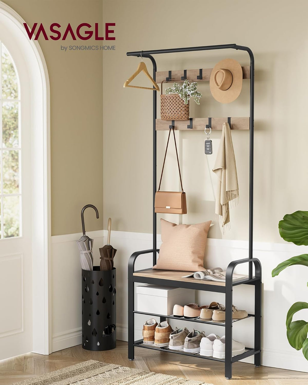 VASAGLE Coat Rack, Coat Stand with Shoe Storage Bench, 4-in-1 Design, with 9 Removable Hooks, a Clothes Rail, for Hallway, Entrance, 34 x 72 x 183 cm, Industrial, Camel Brown and Ink Black HSR040K02