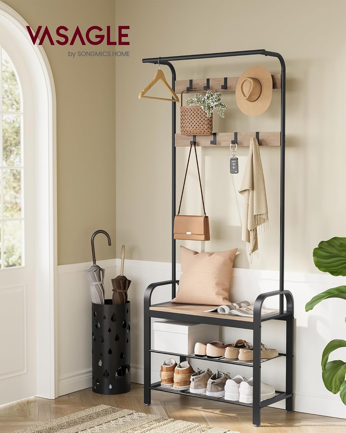 VASAGLE Coat Rack, Coat Stand with Shoe Storage Bench, 4-in-1 Design, with 9 Removable Hooks, a Clothes Rail, for Hallway, Entrance, 34 x 72 x 183 cm, Industrial, Camel Brown and Ink Black HSR040K02