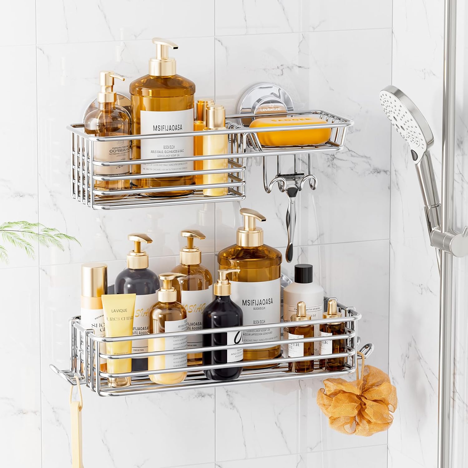 LEVERLOC Shower Caddy Suction Cup, 2 Pack Shower Shelves for Inside Shower with Hooks & Soap Holder, NO-Drilling Bathroom Shower Organizer, Rustproof Meatl Shower Holder Storage, Silver