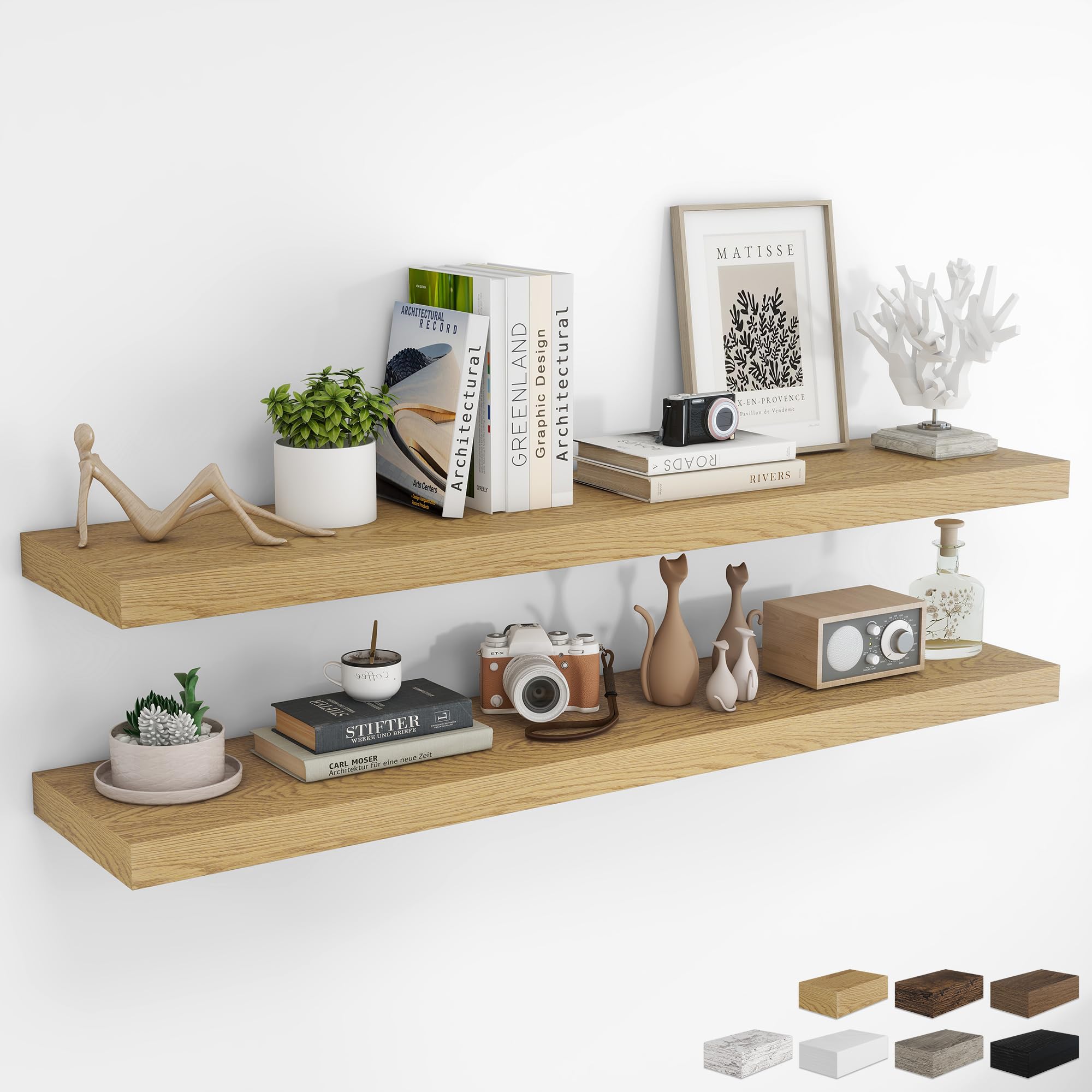 RICHFOCUS 24Inch Floating Shelves for Wall 2 Pack Shelves for Bedroom|Kitchen|Bathroom Wall Mounted Rustic Wood Floating Shelf with Invisible Brackets for Books|Storage|Decor, Oak