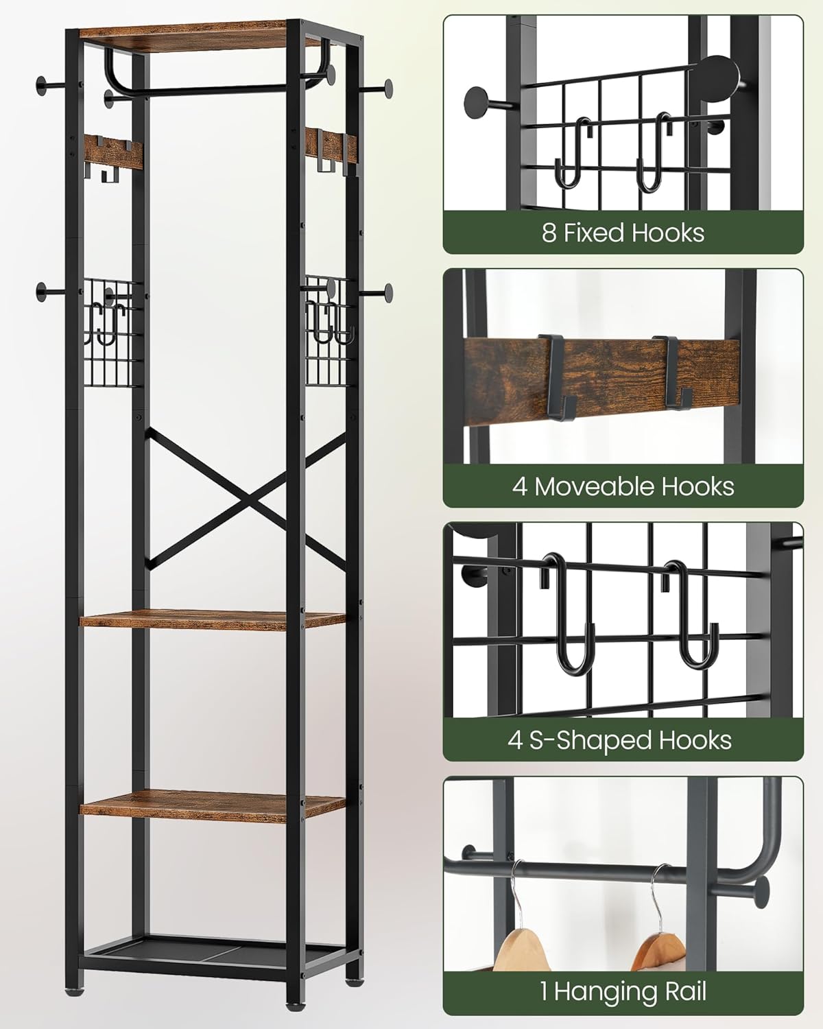 CHOEZON Coat Rack Freestanding, Hall Tree with 3 Storage Shelves, Coat Stand with 16 Hooks and Hanging Rail, Industrial Clothes Stand for Entryway, Hallway, Bedroom, Rustic Brown and Black DTYM18BF