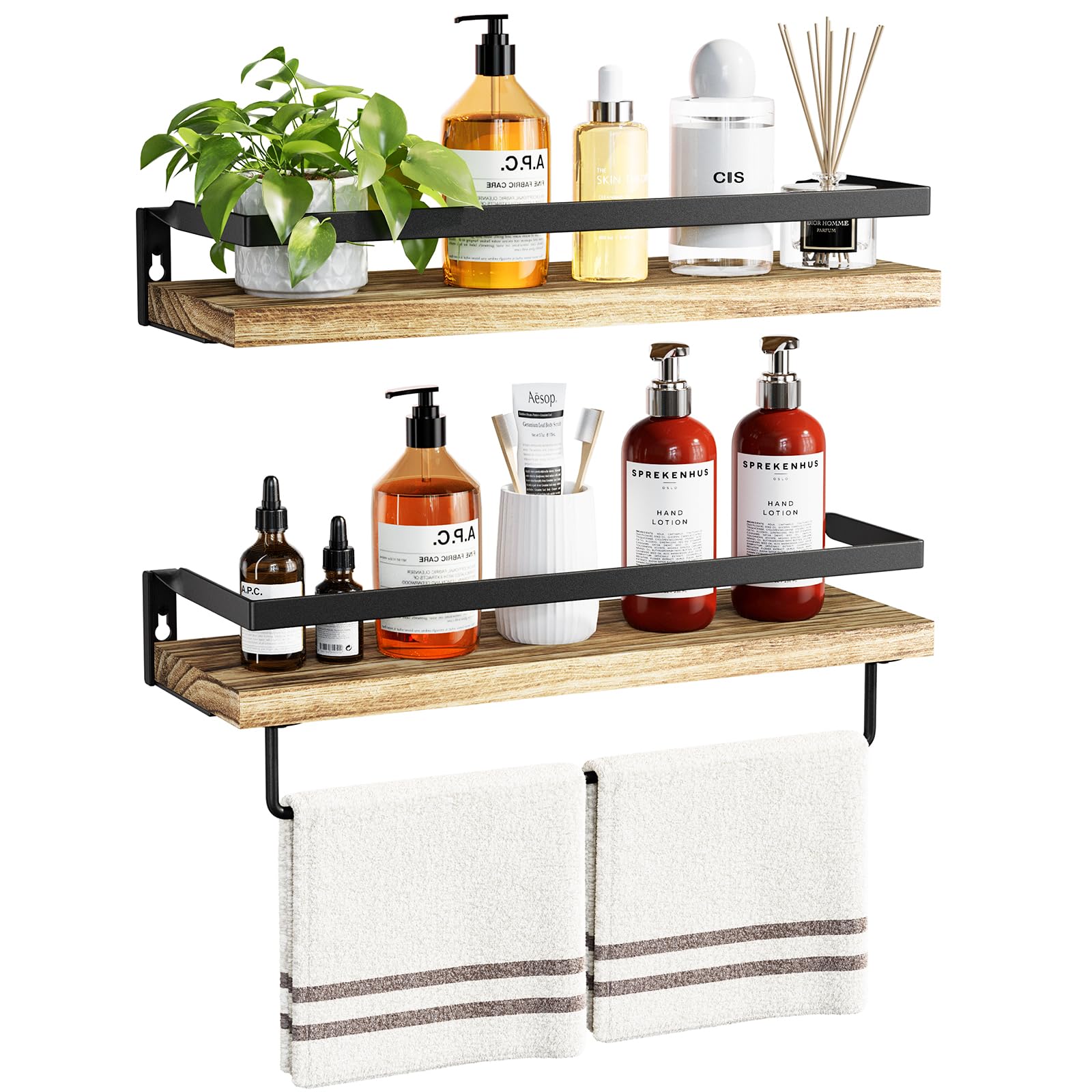 AMADA HOMEFURNISHING Bathroom Shelves with Towel Bar, Floating Shelves, Wall Shelves for Bathroom/Living Room/Kitchen/Bedroom, Rustic Brown, Set of 2 - AMFS01BN