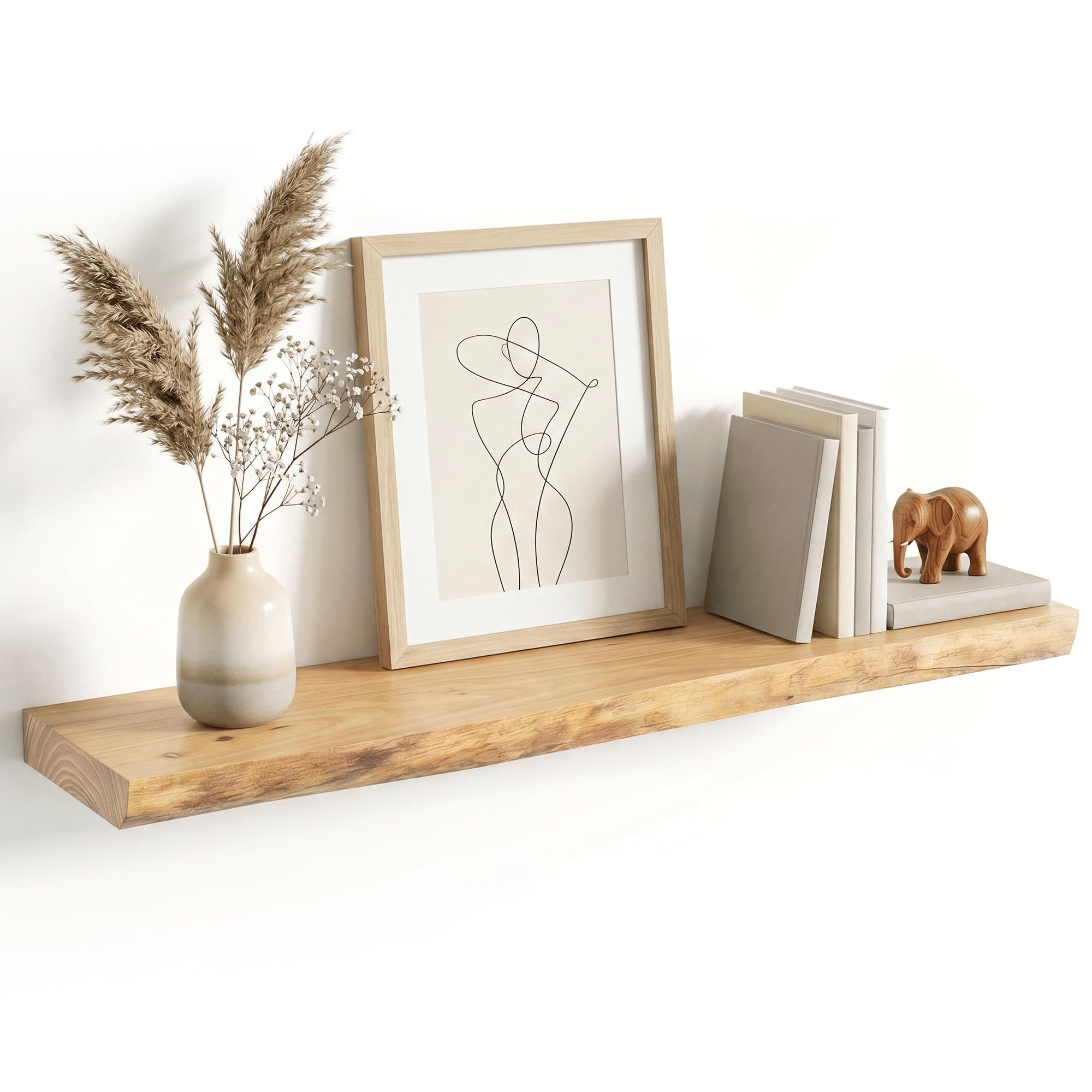 Live Edge Floating Shelves for Wall Decor, Solid Elm Wood Floating Shelves Wall Mounted, Rustic Wall Shelves with Invisible Bracket for Living Room Bathroom Bedroom Kitchen, 24 Inch Set of 2, Natural