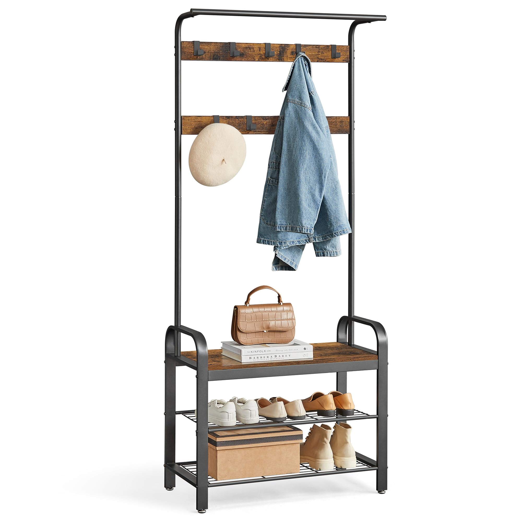 VASAGLE Coat Rack, Coat Stand with Shoe Storage Bench, 4-in-1 Design, with 9 Removable Hooks, a Clothes Rail, for Hallway, Entrance, 34 x 72 x 183 cm, Industrial, Camel Brown and Ink Black HSR040K02