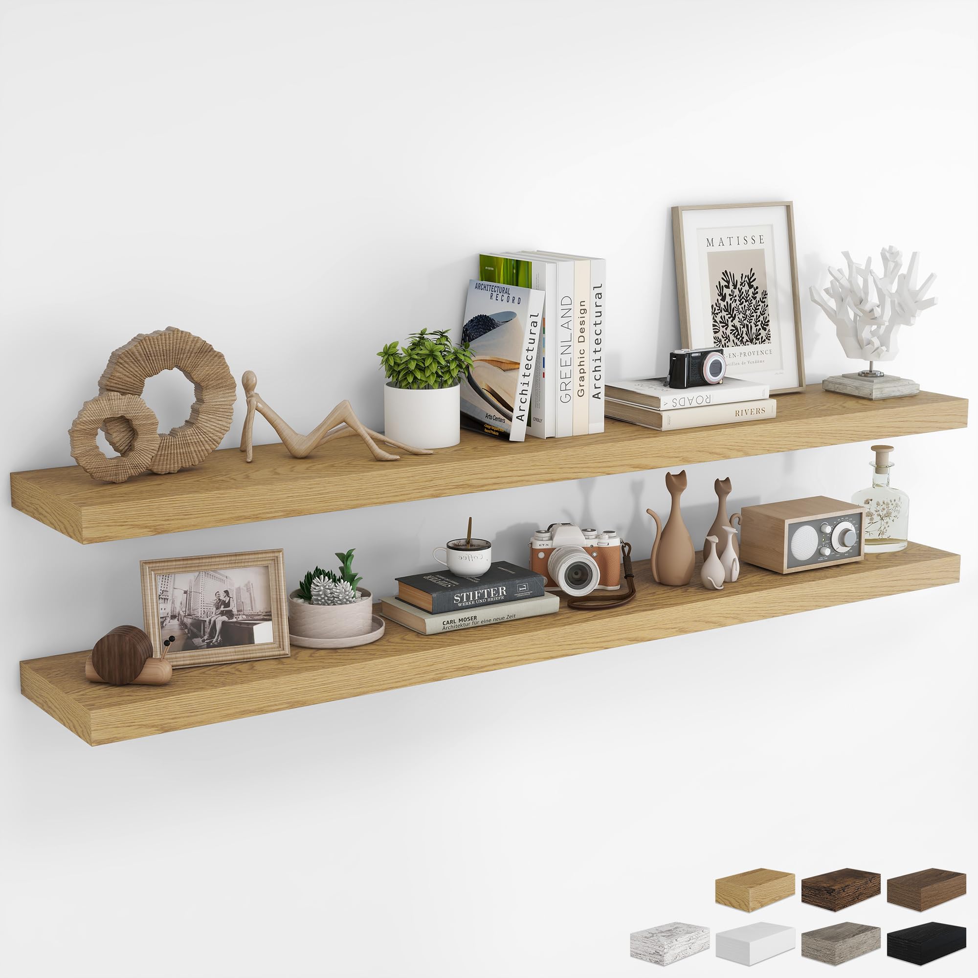 RICHFOCUS 24Inch Floating Shelves for Wall 2 Pack Shelves for Bedroom|Kitchen|Bathroom Wall Mounted Rustic Wood Floating Shelf with Invisible Brackets for Books|Storage|Decor, Oak