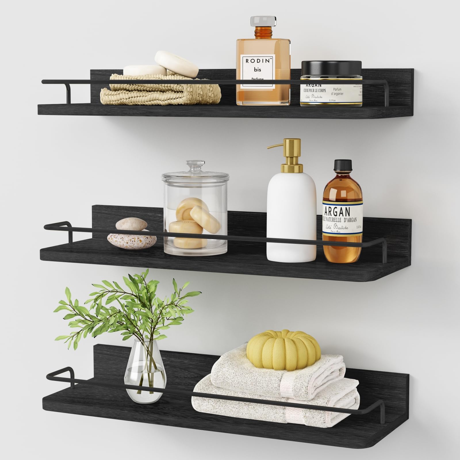 24 Inch White & Gold Floating Shelves, Set of 3 Wall Mount Shelves with Rail for Bathroom Bedroom Living Room