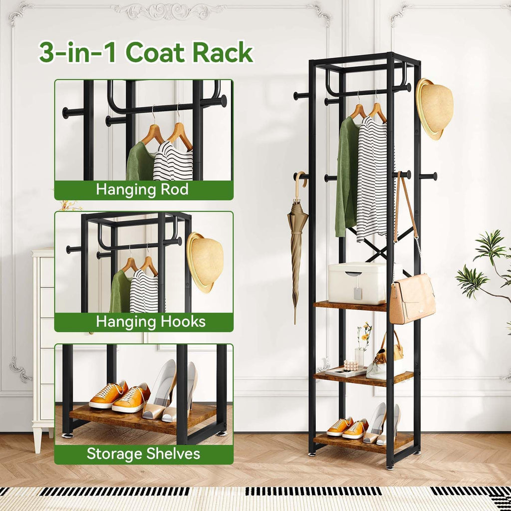 IBUYKE Coat Rack, Freestanding Coat Stand with 3 Shelves and 8 Hooks, Industrial Clothes Stand for Entryway, Hallway, Bedroom, 180 x 40 x 30 cm, Rustic Brown TMJ088H