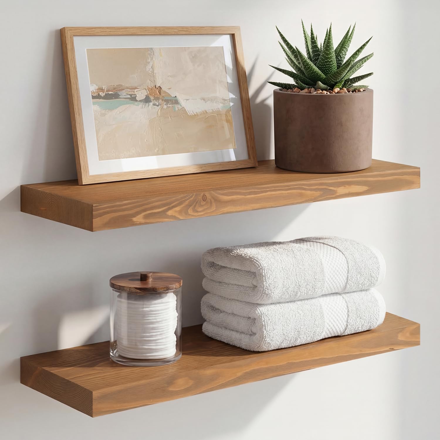 Homeforia White Floating Shelves 24 inch, High End Solid Real Wood 24inch Bathroom Floating Shelf for Wall Mounted, White Wooden 24in Floating Shelves, Heavy Duty Bracket, 24 X 6.5 X 1.75 in, Set of 2