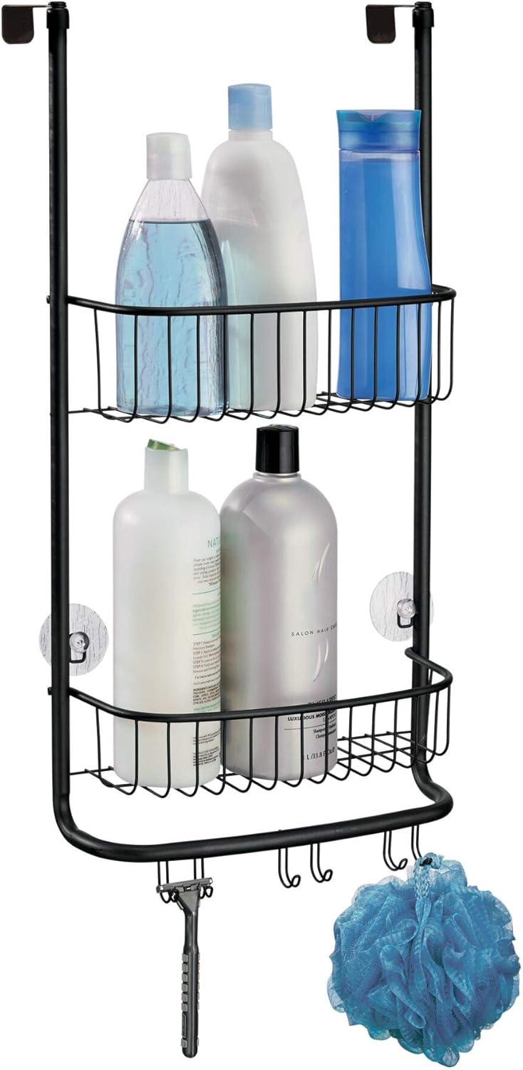 iDesign Shower Caddy Over the Door, Small Hanging Bathroom Organiser with Two Shelves Made of Durable Metal, Practical Shower Storage for Shampoo, Shower Gel and More, Black