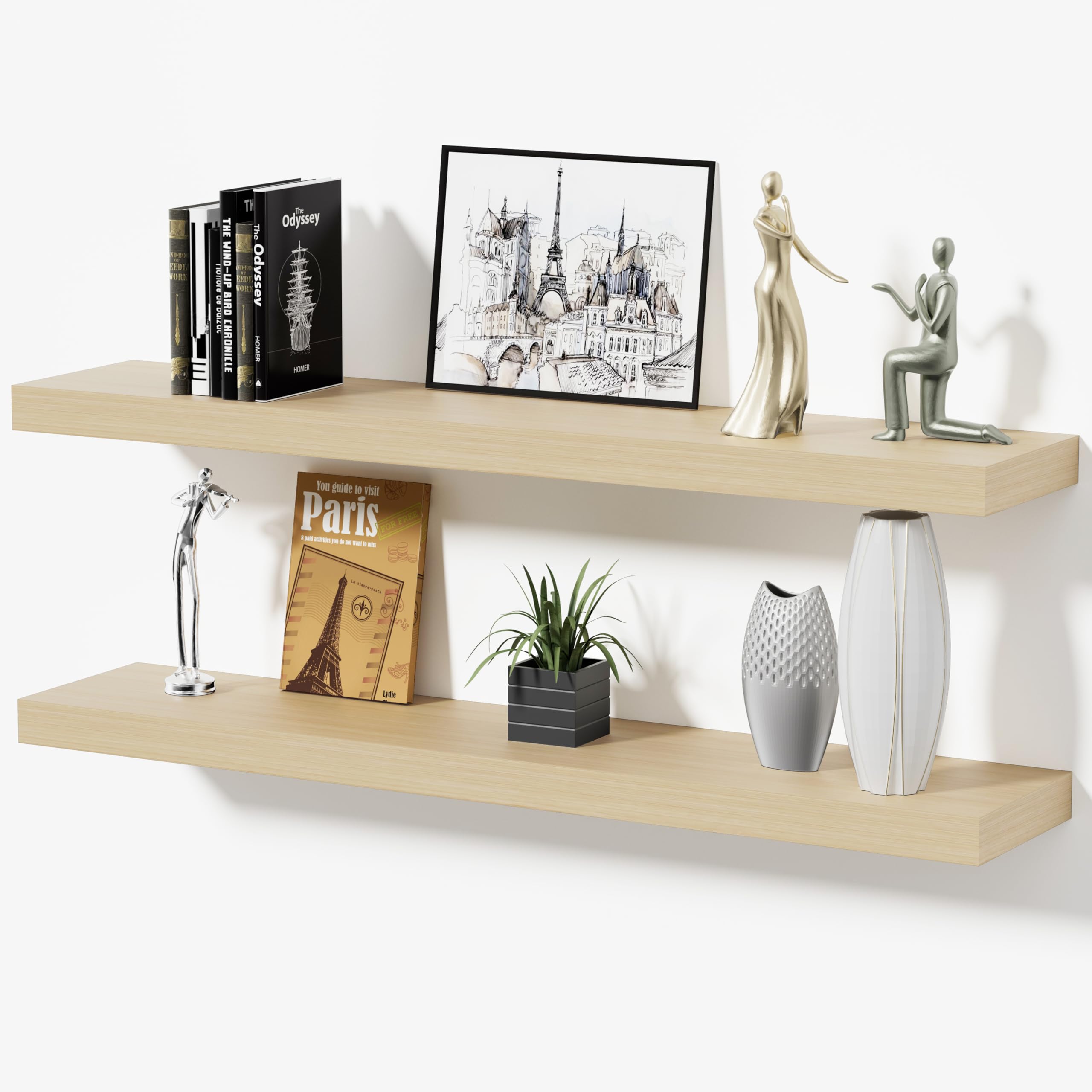 Oak Floating Shelves for Bathroom & Living Room Decor, 24 Inch Rustic Wood Wall Mounted Shelves for Plants, Books, Towels & Storage Display, Set of 2