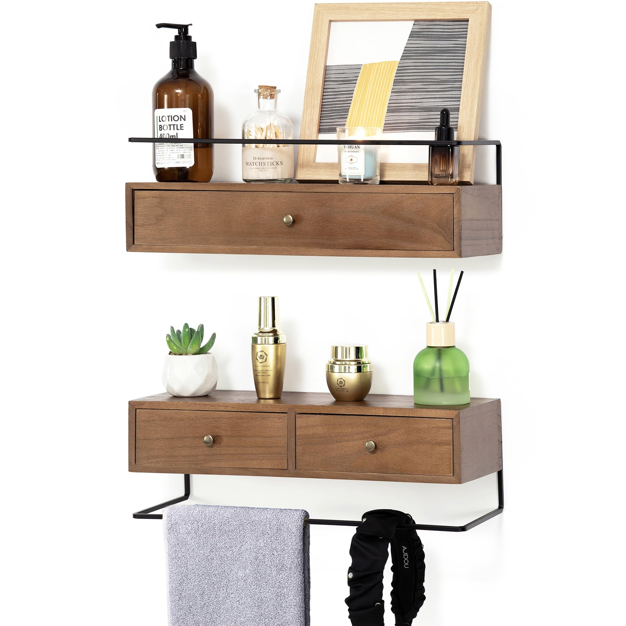 Dreampossible Floating Shelves With Drawers Set of 2 - Wall Mounted Storage for Bathroom, Living Room, Kitchen - Rustic Wood Wall Decor for Plants, Books