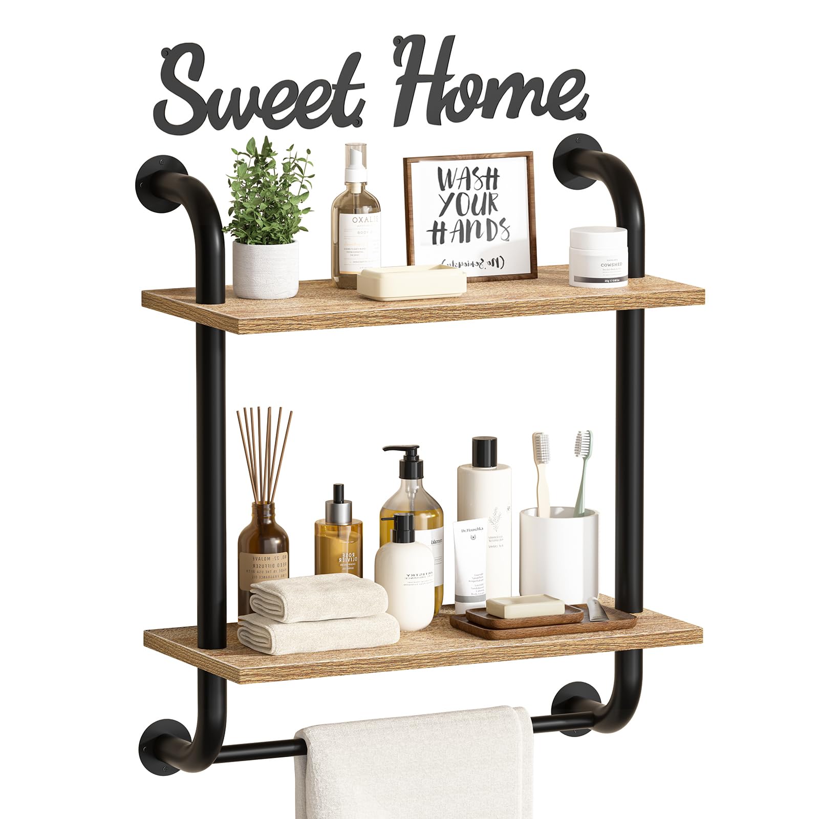Tinpin Bathroom Shelves Wall Mounted, Rustic Farmhouse Pipe Shelves, 2-Tier, Industrial Shelving Over Toilet, Floating Shelf Decor for Bathroom, Kitchen, Bedroom, Living Room 17.3 inch