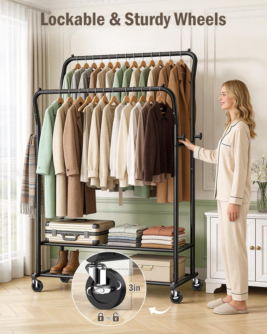 EAGMAK Heavy Duty Clothes Rail Load 378 kg, Double Rods Clothing Rails on Wheels, Height Adjustable Hanging Rack with Shelves & Coat Hooks, Portable Metal Standing Wardrobe for Bedroom Laundry, Black
