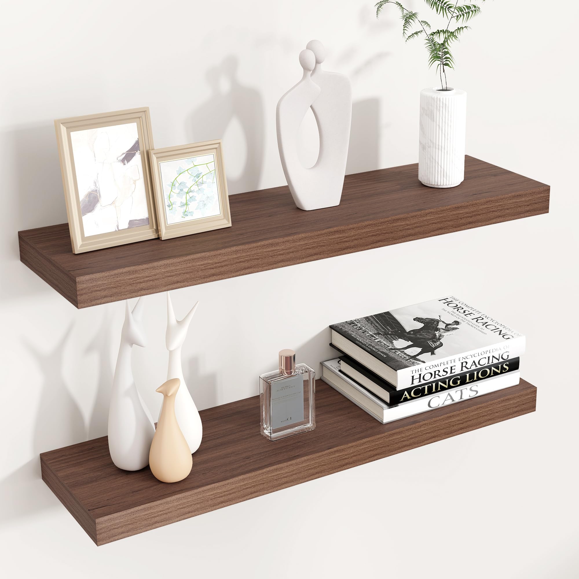 Venusmiles Floating Shelves for Wall 24 inch Long, Engineered Wood Wall Shelves with Invisible Brackets for Living Room Bedroom Bathroom Office Kitchen Decor and Storage, Oak Finish, Set of 2