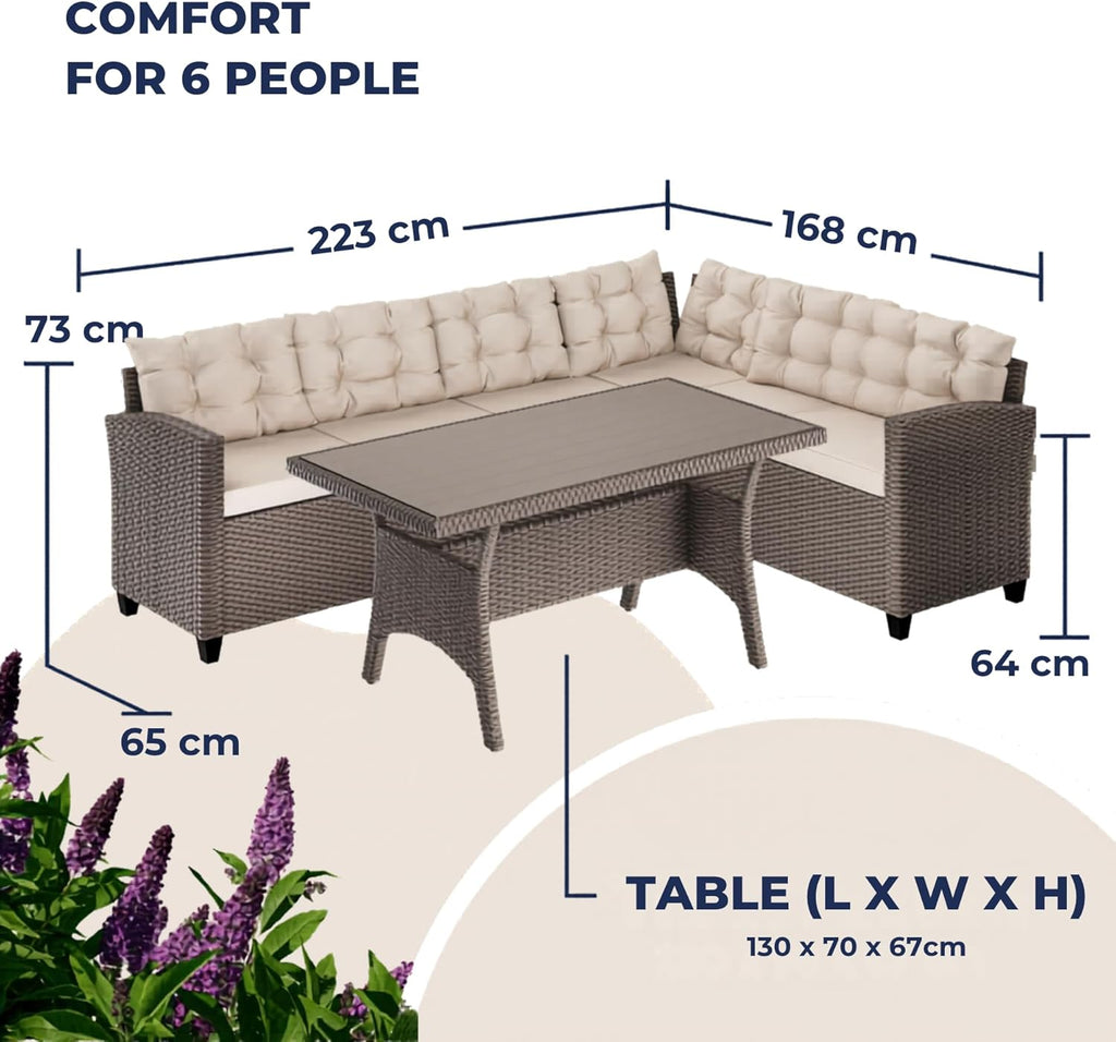 CASARIA® Lisbon Polyrattan Garden Corner Lounge Dining Table Set | Bench WPC Table Top 7cm Thick Seat Cushions | Weatherproof Outdoor Patio Seating Group Garden Furniture | Cream