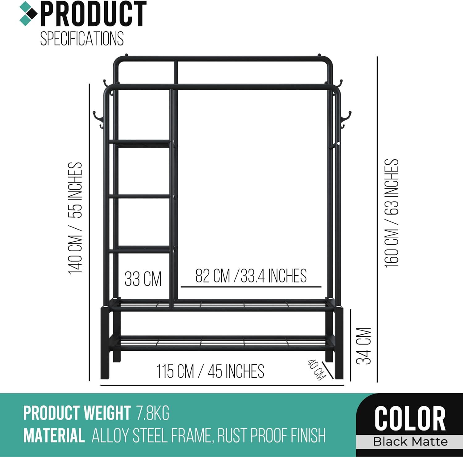 Klass Home Collection Heavy Duty Clothes Rail, 120KG Black Metal Rack With Double Hanging Clothing Rail, Shoe Rack, Storage Shelves & 4 Coat Hooks, Wardrobe Clothes Rails For Bedroom Office Shop