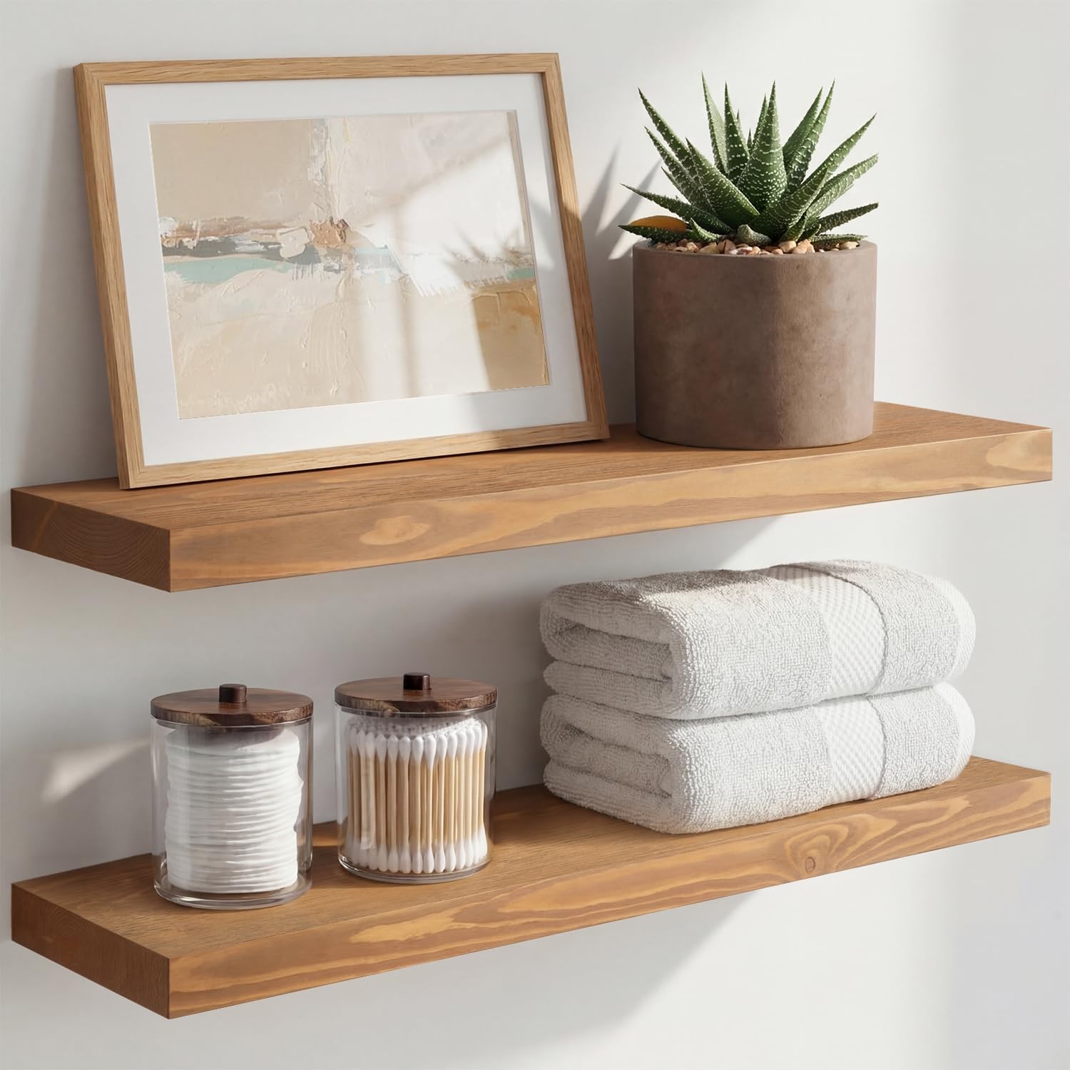 Homeforia White Floating Shelves 24 inch, High End Solid Real Wood 24inch Bathroom Floating Shelf for Wall Mounted, White Wooden 24in Floating Shelves, Heavy Duty Bracket, 24 X 6.5 X 1.75 in, Set of 2