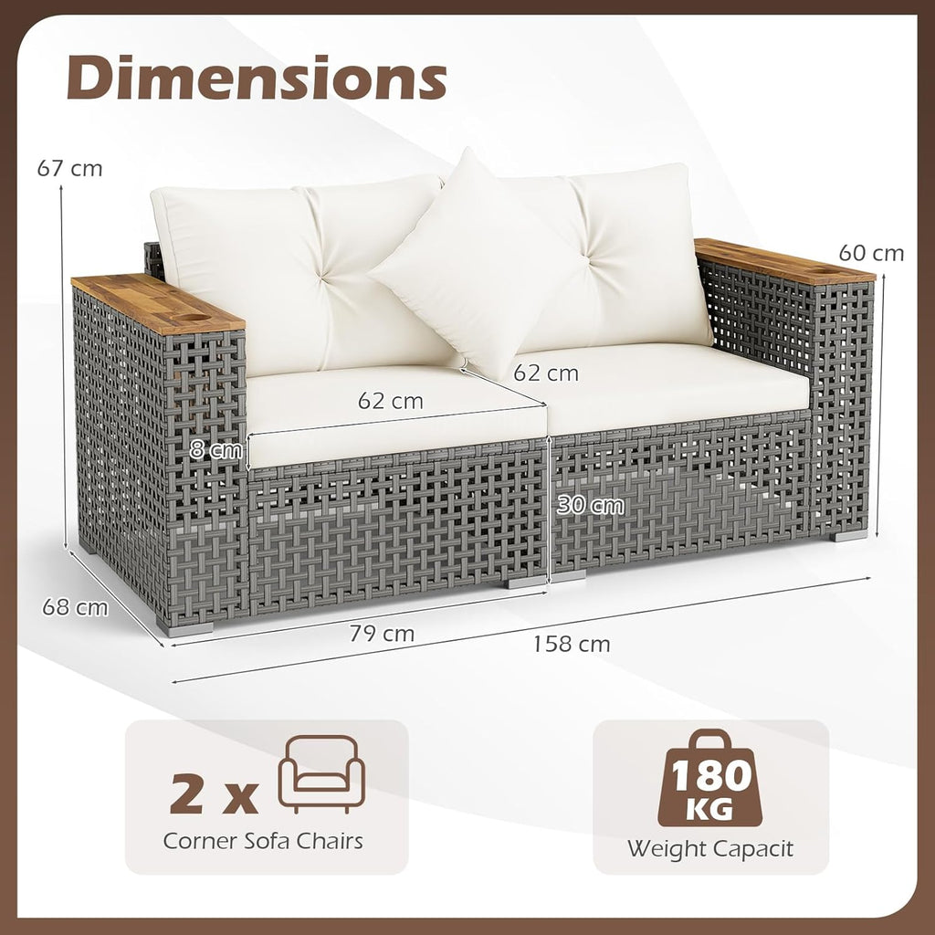 Multigot 2-Seater Garden Rattan Sofa, Outdoor Sectional Corner Sofa Set with Thick Cushions and Armrests, All-Weather Patio Wicker Leisure Loveseat Porch Seating Bench for Backyard Balcony