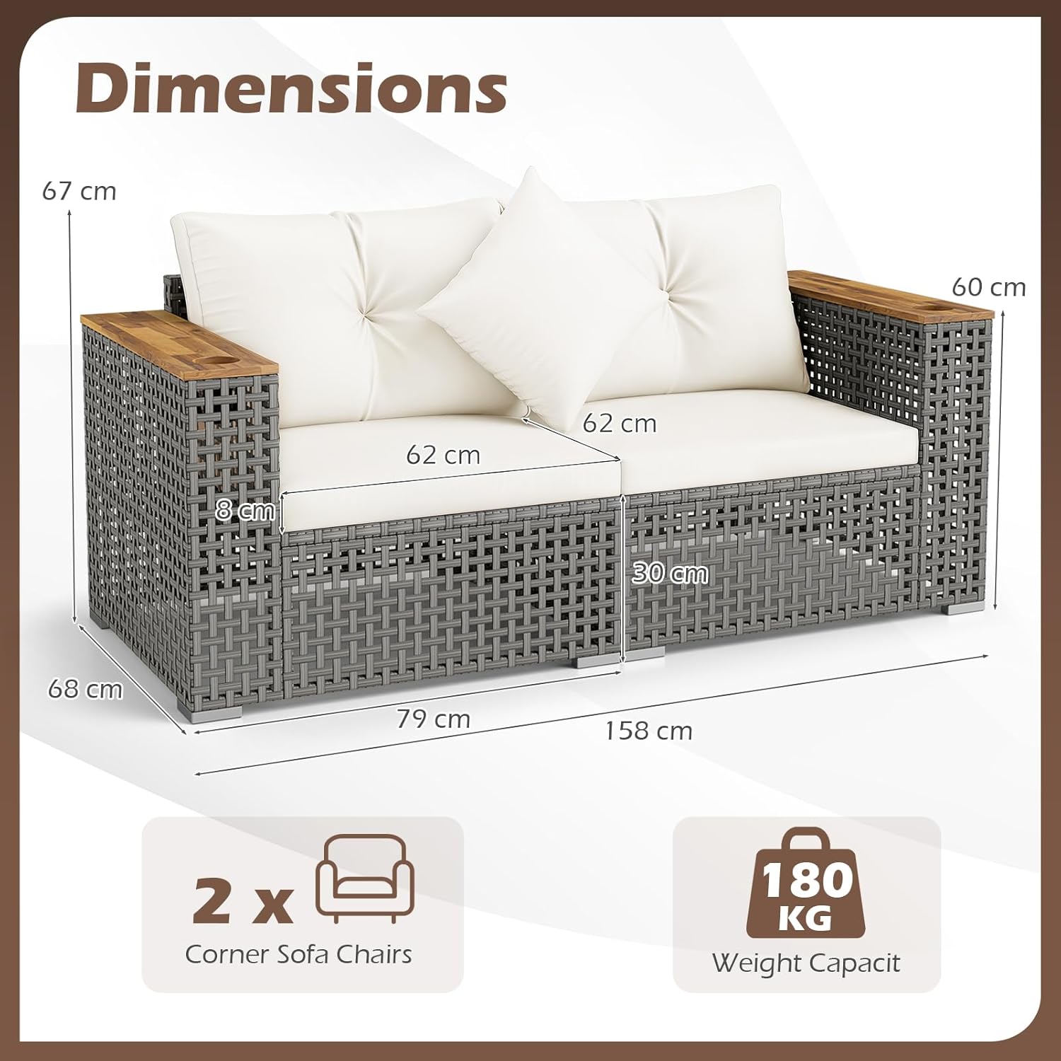 Multigot 2-Seater Garden Rattan Sofa, Outdoor Sectional Corner Sofa Set with Thick Cushions and Armrests, All-Weather Patio Wicker Leisure Loveseat Porch Seating Bench for Backyard Balcony