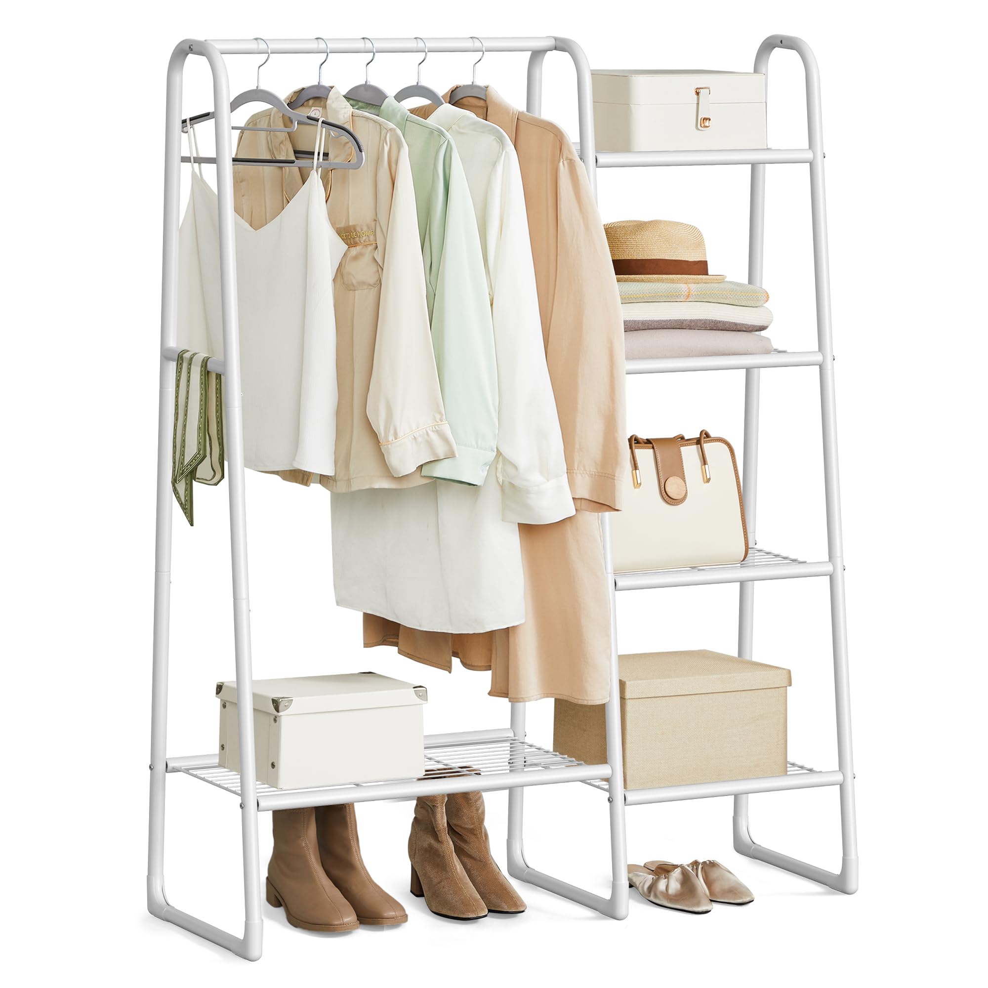 SONGMICS Clothes Rail, Heavy Duty Clothes Rack with 7 Storage Shelves, Double Hanging Rods, Metal Coat Rack, Open Wardrobe for Bedroom, Living Room, Hallway, Black HSR182B01