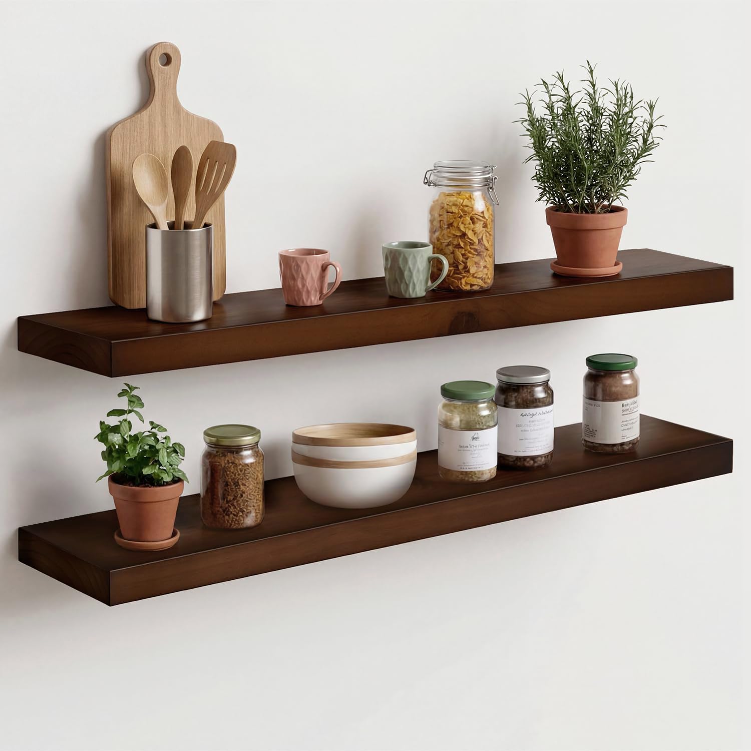 Homeforia White Floating Shelves 24 inch, High End Solid Real Wood 24inch Bathroom Floating Shelf for Wall Mounted, White Wooden 24in Floating Shelves, Heavy Duty Bracket, 24 X 6.5 X 1.75 in, Set of 2
