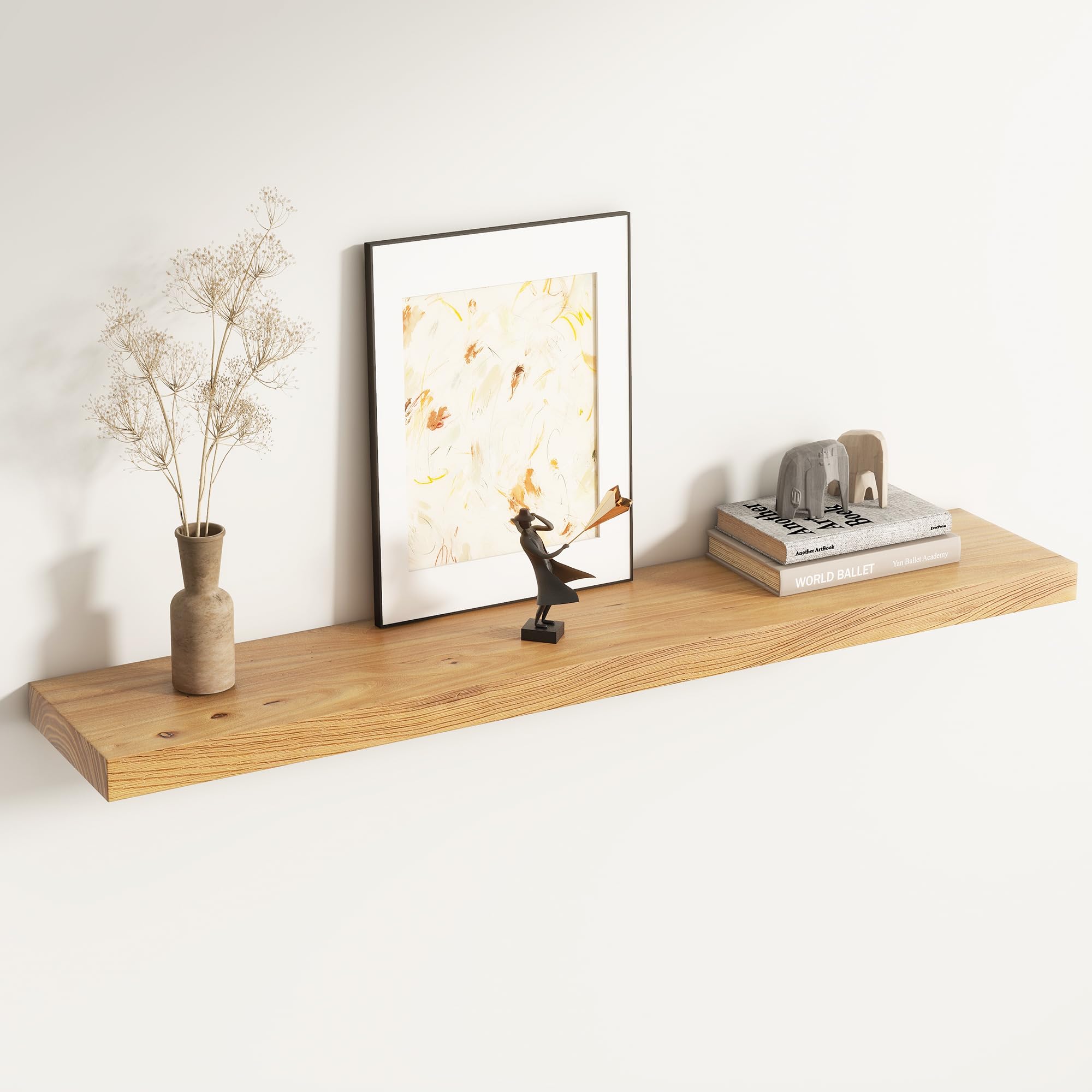 Live Edge Floating Shelves for Wall Decor, Solid Elm Wood Floating Shelves Wall Mounted, Rustic Wall Shelves with Invisible Bracket for Living Room Bathroom Bedroom Kitchen, 24 Inch Set of 2, Natural