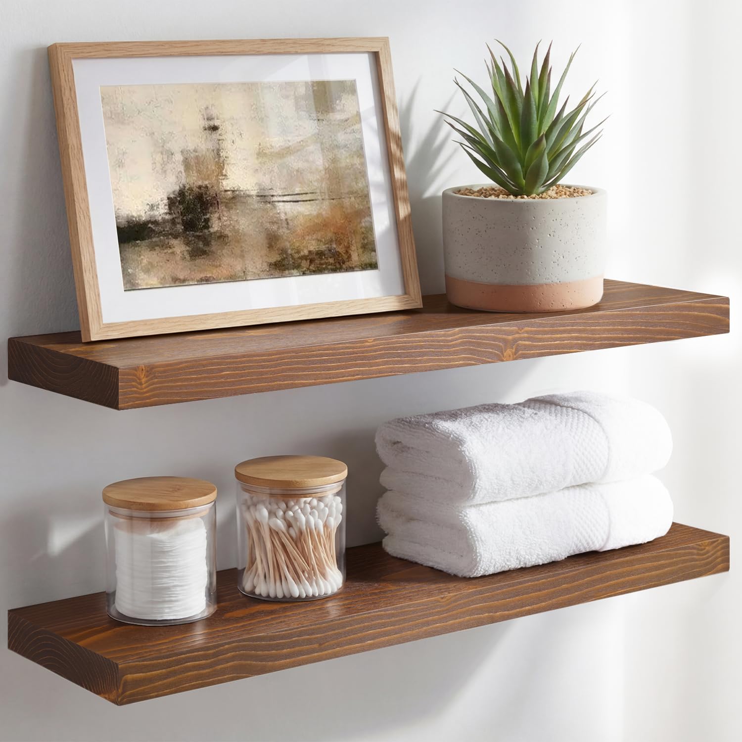 Homeforia White Floating Shelves 24 inch, High End Solid Real Wood 24inch Bathroom Floating Shelf for Wall Mounted, White Wooden 24in Floating Shelves, Heavy Duty Bracket, 24 X 6.5 X 1.75 in, Set of 2