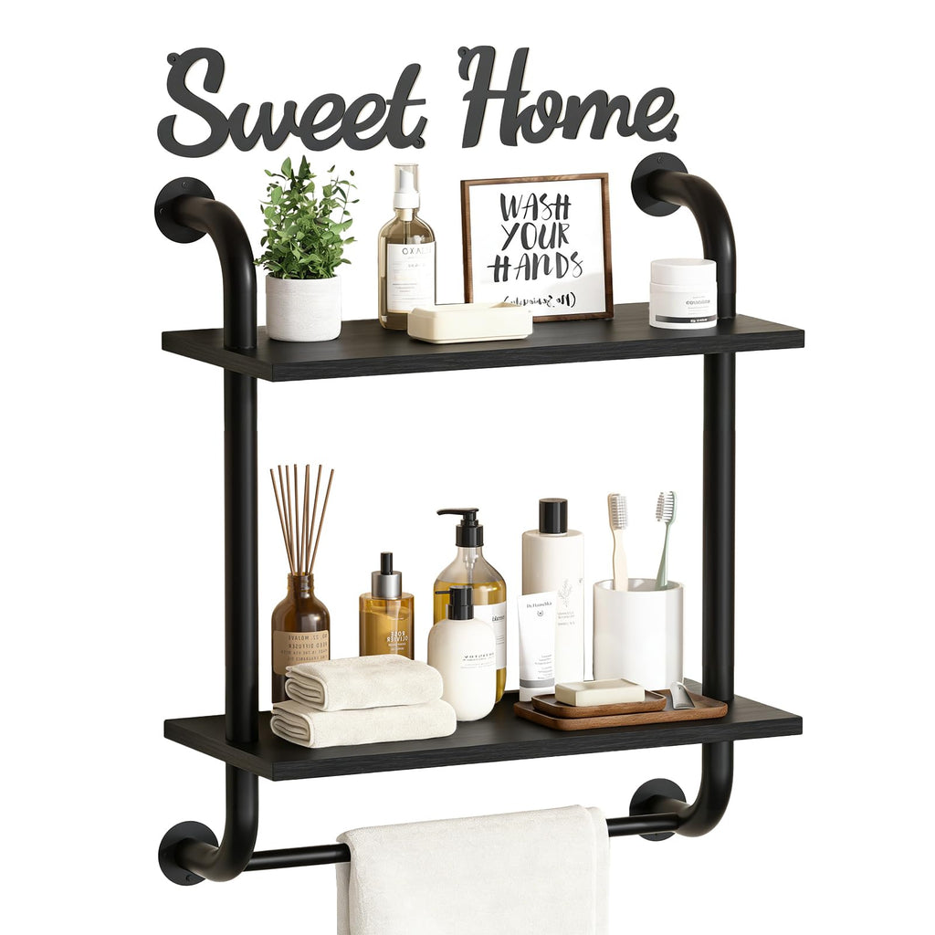 Tinpin Bathroom Shelves Wall Mounted, Rustic Farmhouse Pipe Shelves, 2-Tier, Industrial Shelving Over Toilet, Floating Shelf Decor for Bathroom, Kitchen, Bedroom, Living Room 17.3 inch