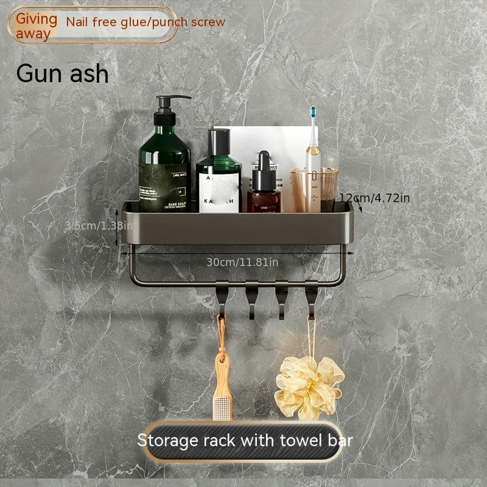 1pc Wall Mounted Bathroom Storage Rack, Aluminum Alloy Bathroom Tray, Shampoo Shower Gel Holder, Bathroom Caddy Organizer, Gray Pallet With Rod-30cm/11.81in