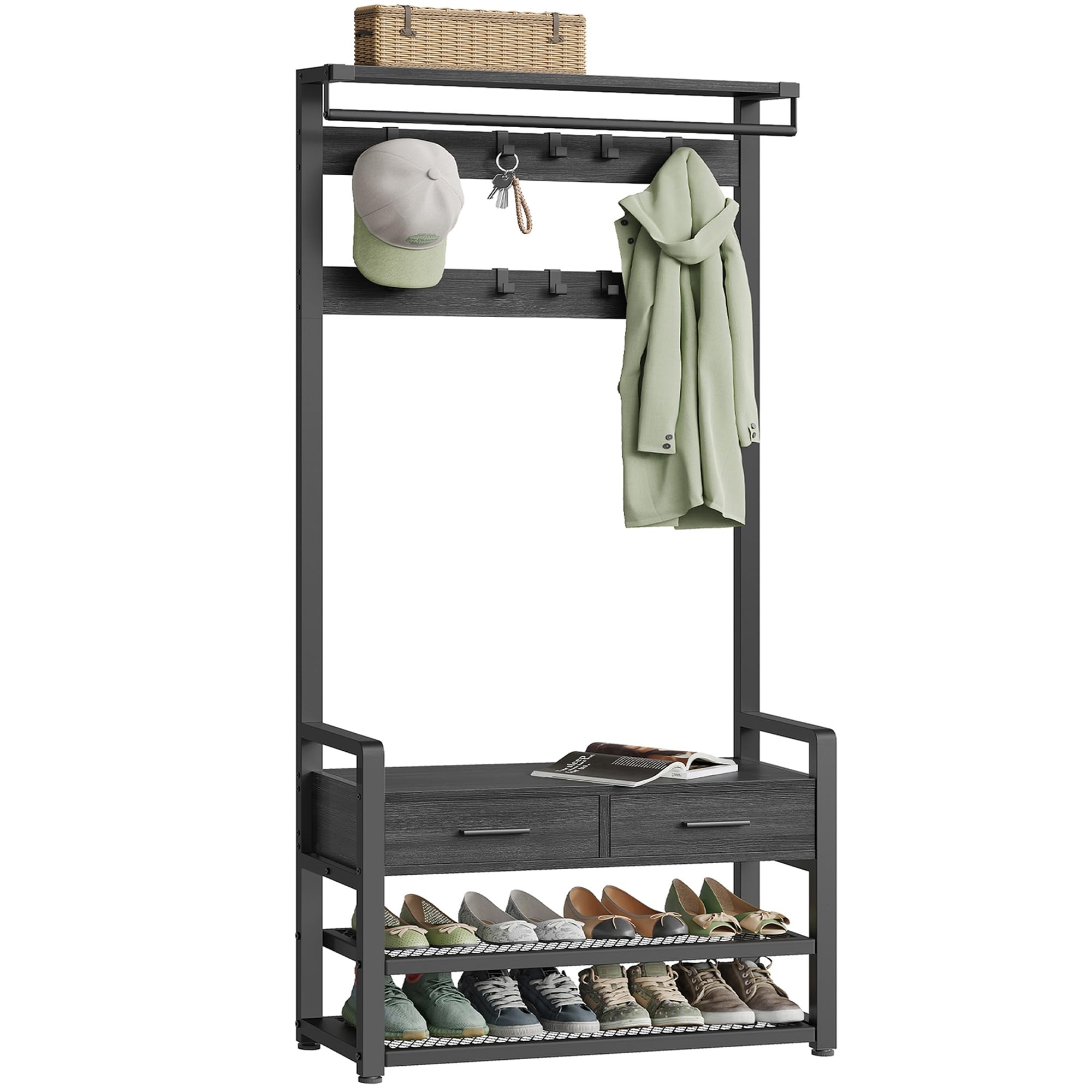 VASAGLE Hall Tree with Bench and Shoe Storage, Hallway Coat Rack with Shoe Bench, 2 Fabric Drawers, 10 Hooks, 30 x 80.4 x 181.6 cm, Vintage Brown and Ink Black HSR429B01