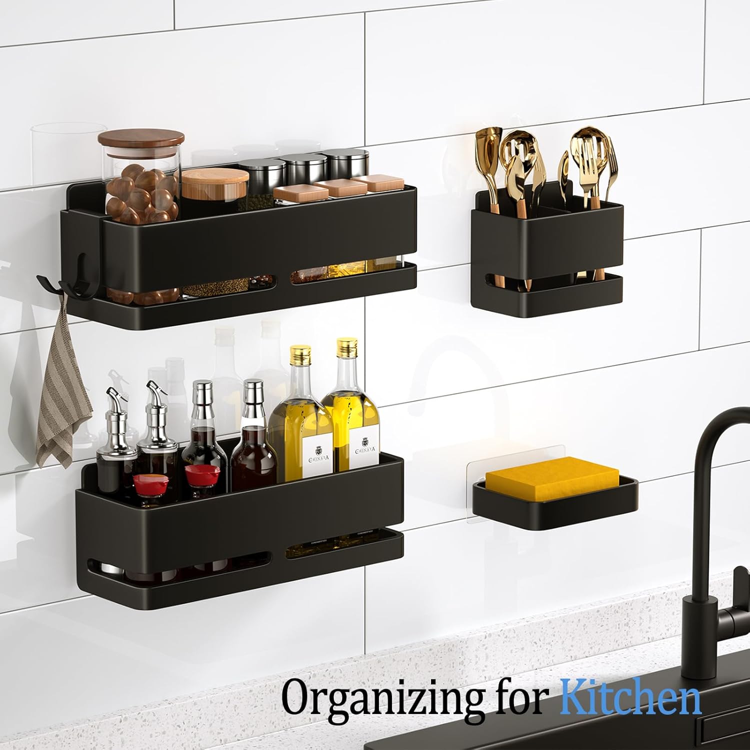 5-Piece Black No-Drill Wall Storage Rack with Soap Dish & Toothbrush Holder, Multi-use for Bathroom Kitchen