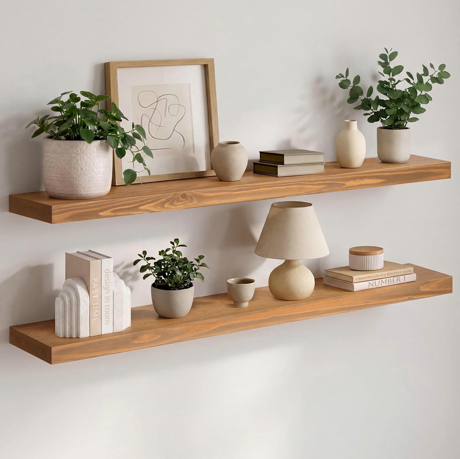 Homeforia White Floating Shelves 24 inch, High End Solid Real Wood 24inch Bathroom Floating Shelf for Wall Mounted, White Wooden 24in Floating Shelves, Heavy Duty Bracket, 24 X 6.5 X 1.75 in, Set of 2