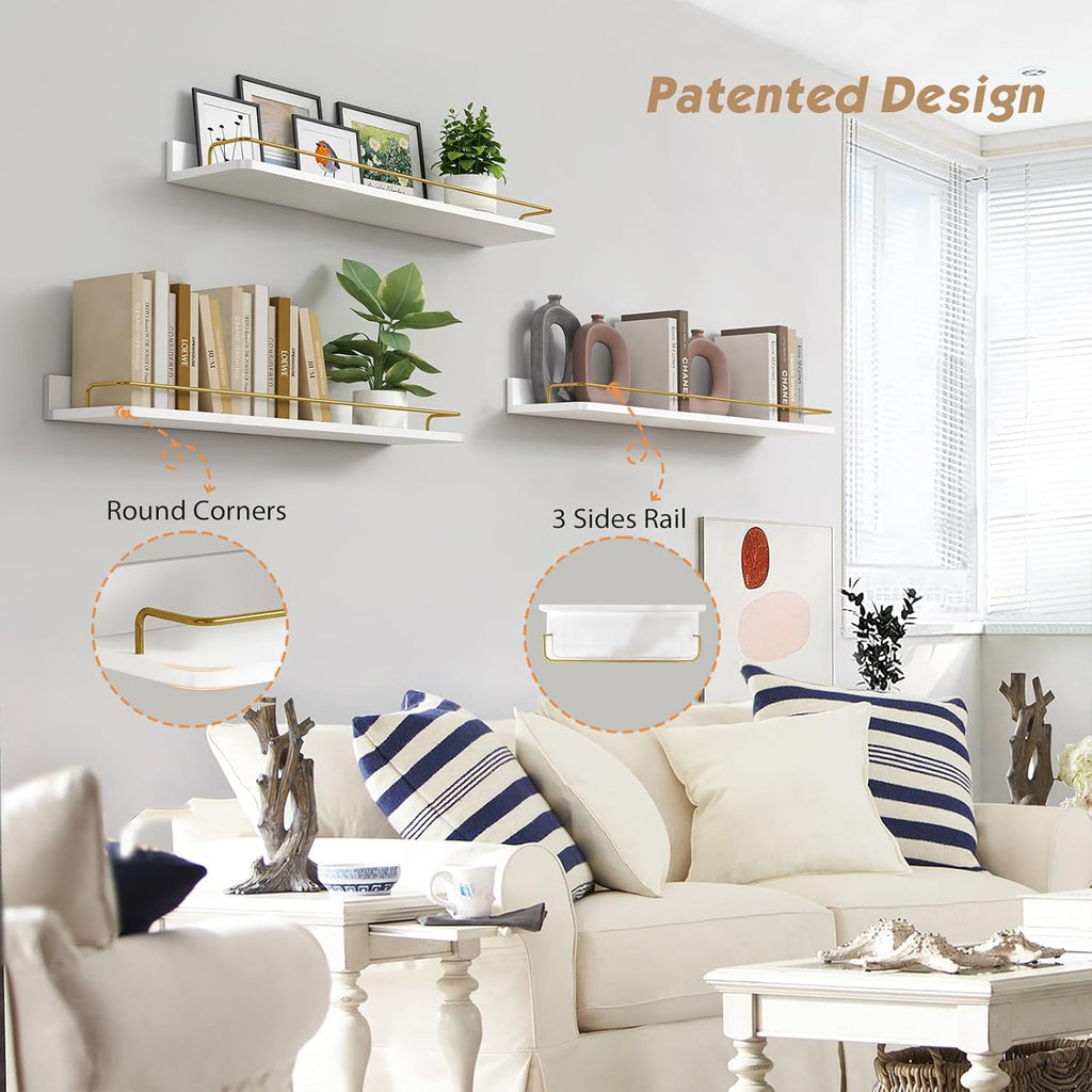 24 Inch White & Gold Floating Shelves, Set of 3 Wall Mount Shelves with Rail for Bathroom Bedroom Living Room