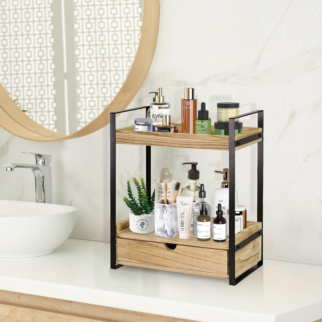 2-Tier Bathroom Organizer Countertop With Drawer, Wood Counter Shelf for Storage, Vanity Tray for Organization and Decor, Countertop Organizer for Kitchen, Office (Brown)