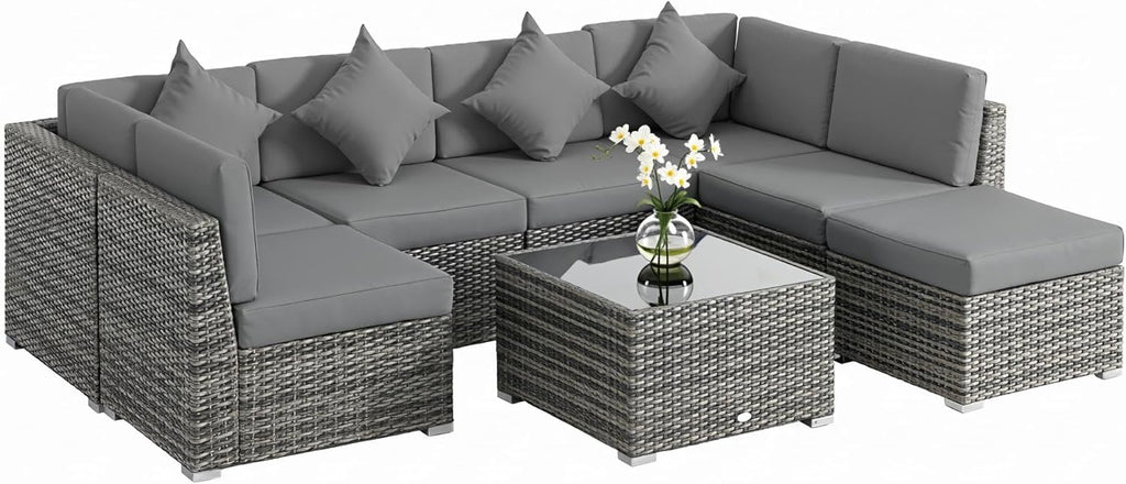 Outsunny 8 Pieces PE Rattan Corner Sofa Set, Outdoor Garden Furniture Set, Patio Wicker Sofa Seater w/Cushion, Washable Cushion Cover & Tempered Glass Table, Grey