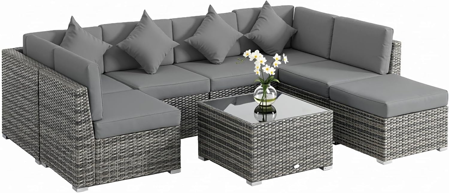 Outsunny 8 Pieces PE Rattan Corner Sofa Set, Outdoor Garden Furniture Set, Patio Wicker Sofa Seater w/Cushion, Washable Cushion Cover & Tempered Glass Table, Grey