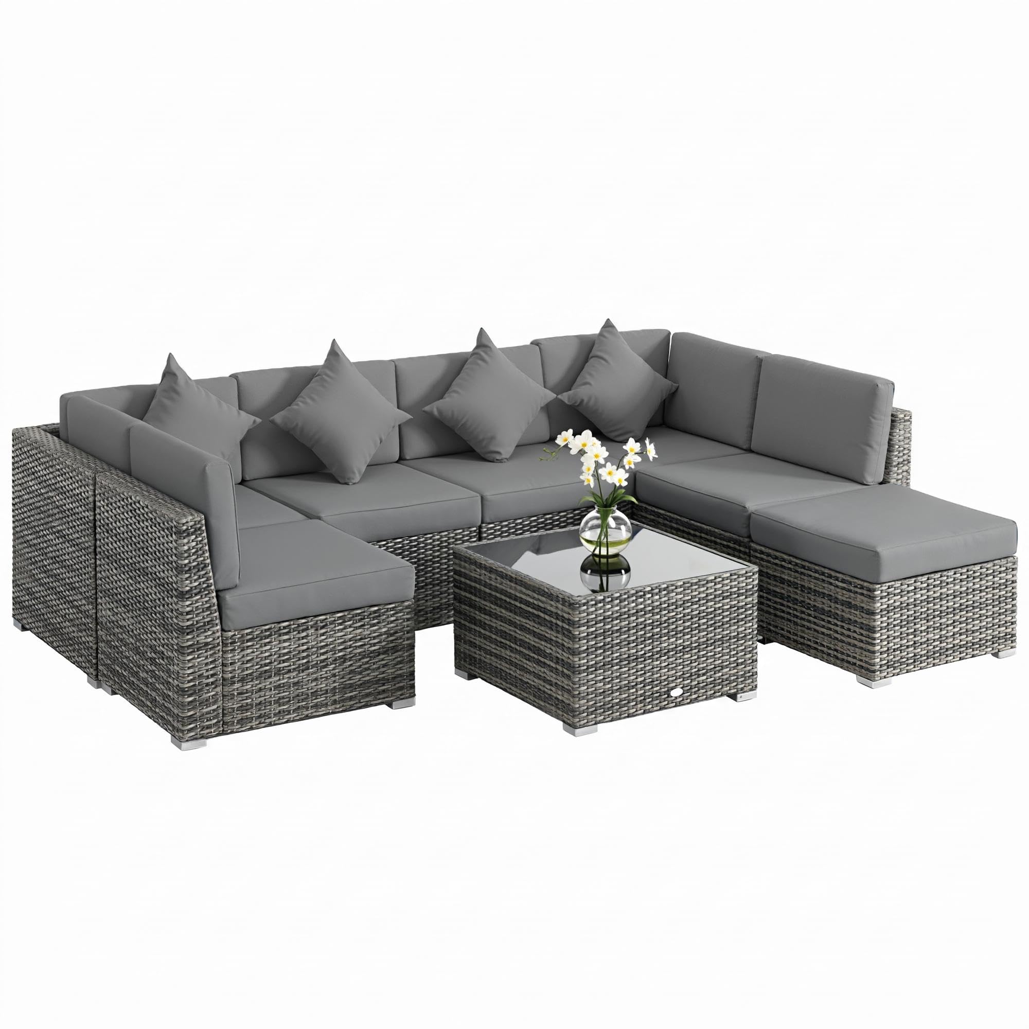 Outsunny 8 Pieces PE Rattan Corner Sofa Set, Outdoor Garden Furniture Set, Patio Wicker Sofa Seater w/Cushion, Washable Cushion Cover & Tempered Glass Table, Brown