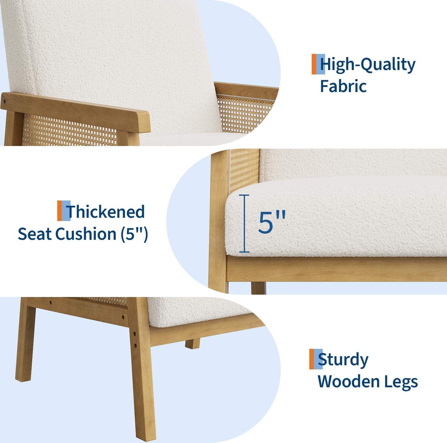 Boucle Fabric Accent Chair with Rattan Sides, Modern Living Room Armchair High Back Upholstered Reading Chair with Wide Arm, Fabric Lounge Single Sofa for Bedroom Guest Room