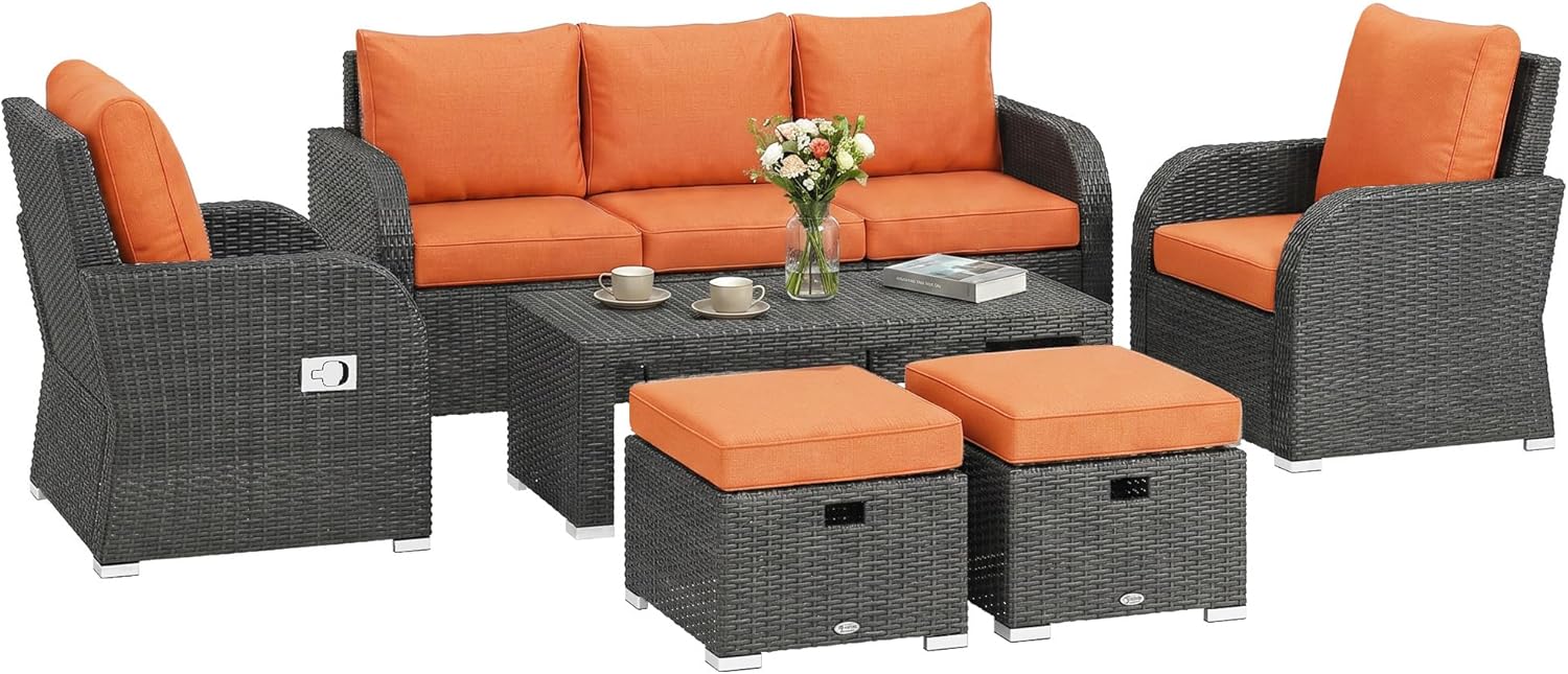 Outsunny 7 Seater Rattan Garden Furniture Set, 2 Reclining Chairs, 3 Seater Sofa, Coffee Table, Footstools, Space-Saving 6 Piece Outdoor Patio Furniture Conversation Set with Cushions, Light Grey