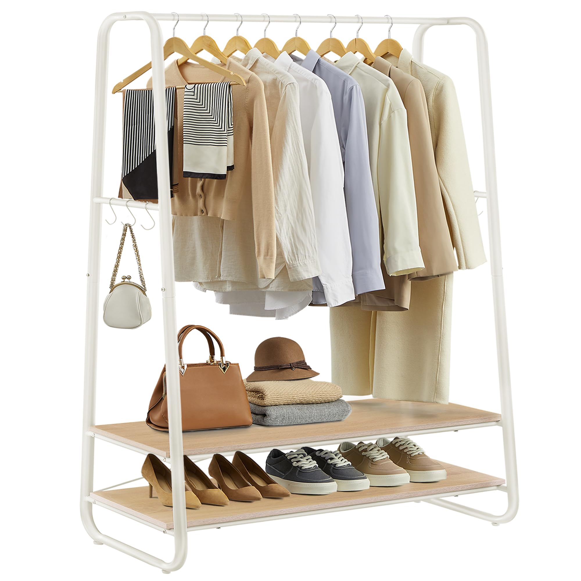 VASAGLE Clothes Rail, Clothes Rack with Shoe Shelf, 5-Tier Storage Rack, 6 Side Hooks, for Bedroom, Living Room, Natural Oak and White RGR116W09