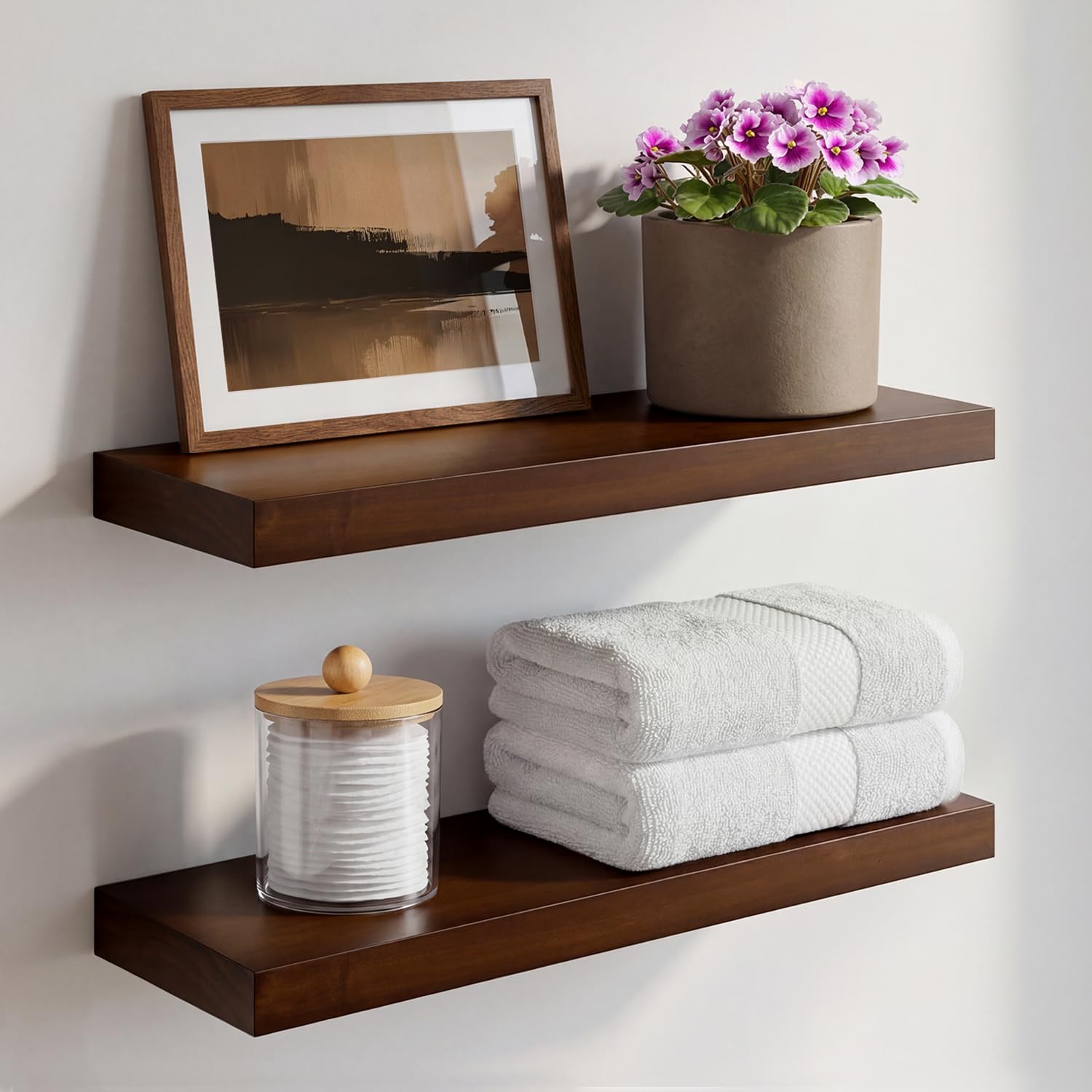 Homeforia White Floating Shelves 24 inch, High End Solid Real Wood 24inch Bathroom Floating Shelf for Wall Mounted, White Wooden 24in Floating Shelves, Heavy Duty Bracket, 24 X 6.5 X 1.75 in, Set of 2