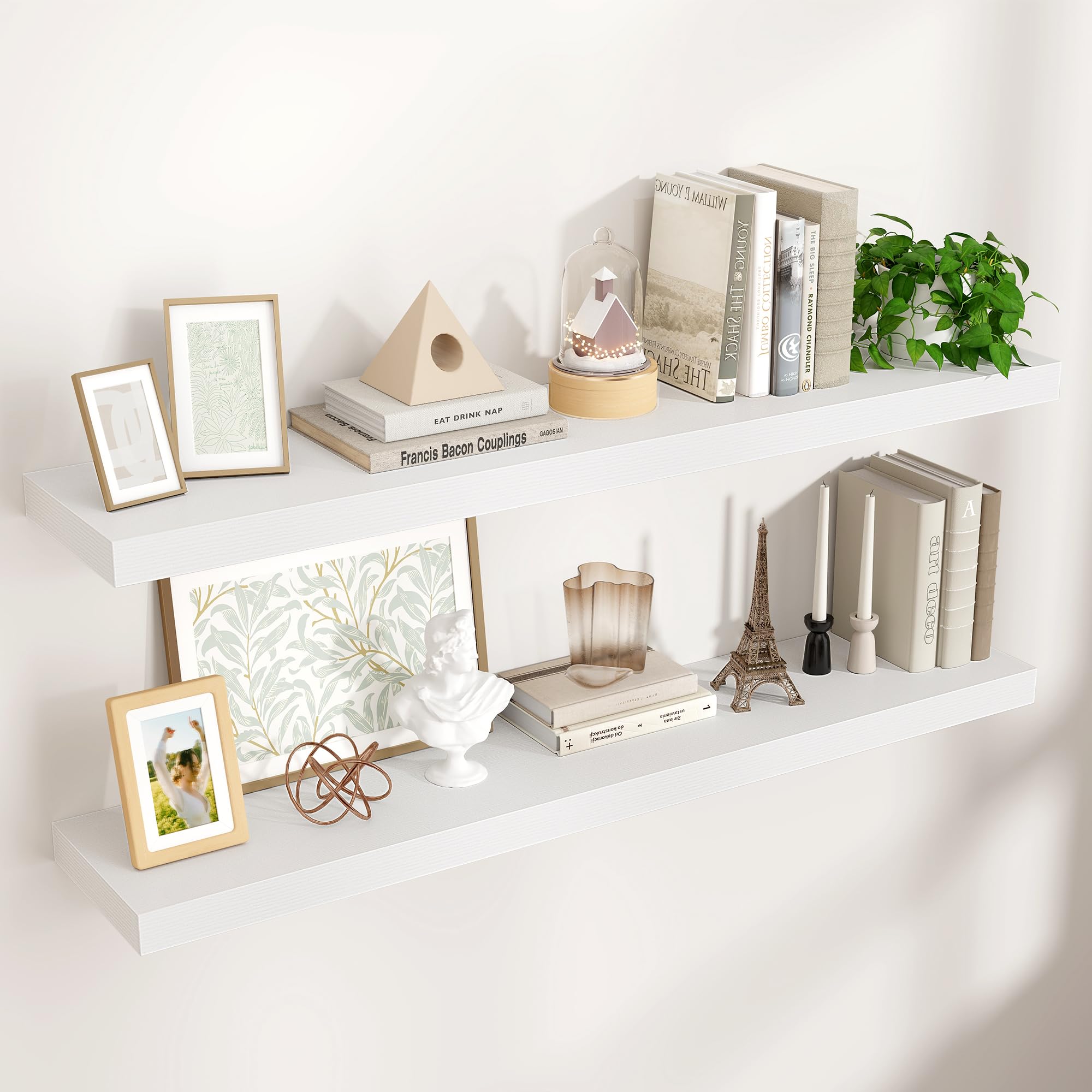 Venusmiles Floating Shelves for Wall 24 inch Long, Engineered Wood Wall Shelves with Invisible Brackets for Living Room Bedroom Bathroom Office Kitchen Decor and Storage, Oak Finish, Set of 2