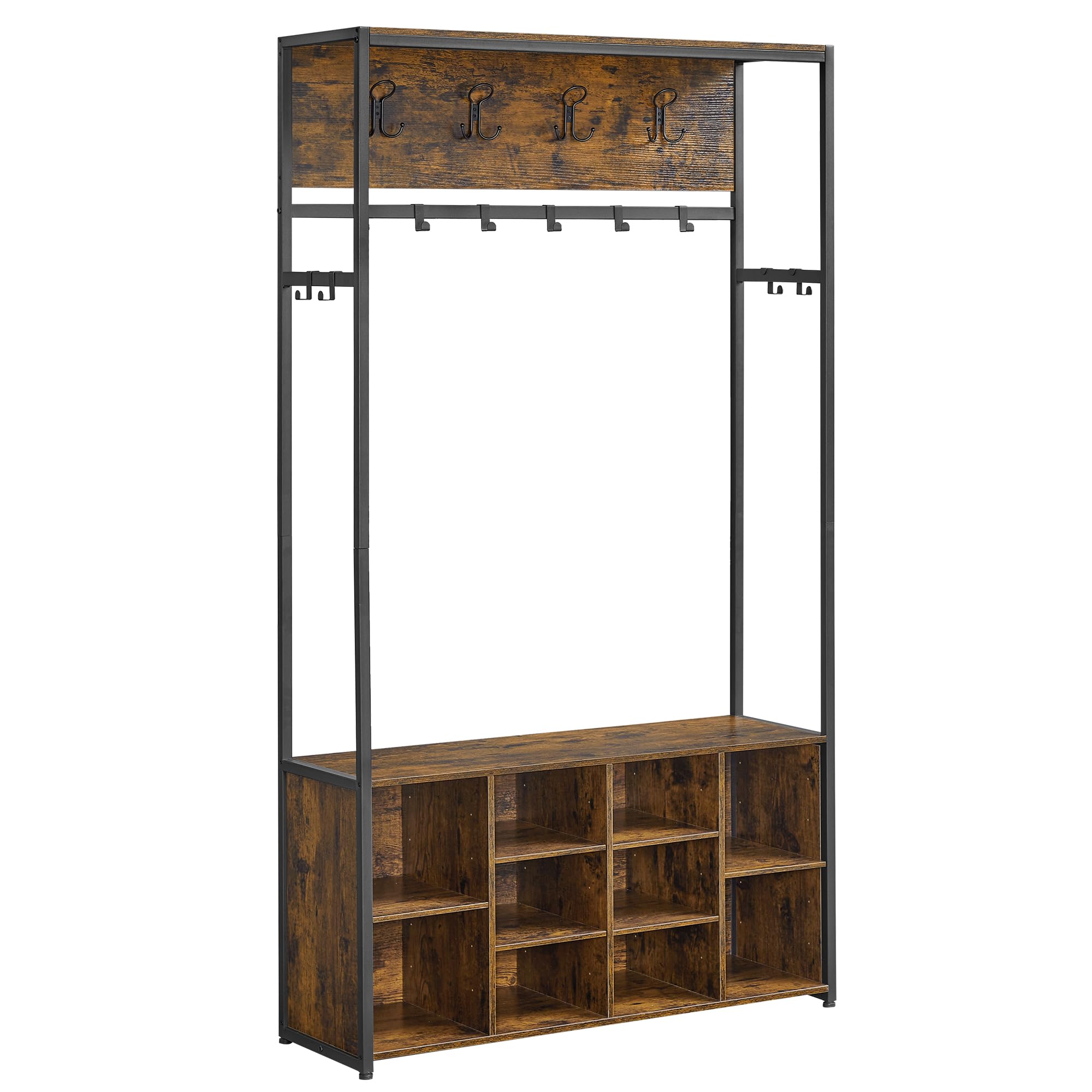 VASAGLE Clothes Rack, Hallway Tree with Shoe Storage, 5 Tier Shoe Rack, Different Height, 5 Double Hooks, Top Shelf, Dormitory in the Corridor Industrial Rustic Brown and Black HSR408B01
