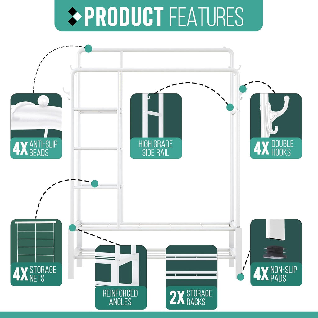 Klass Home Collection Heavy Duty Clothes Rail, 120KG White Metal Rack With Double Hanging Clothing Rail, Shoe Rack, Storage Shelves & 4 Coat Hooks, Wardrobe Clothes Rails For Bedroom Office Shop