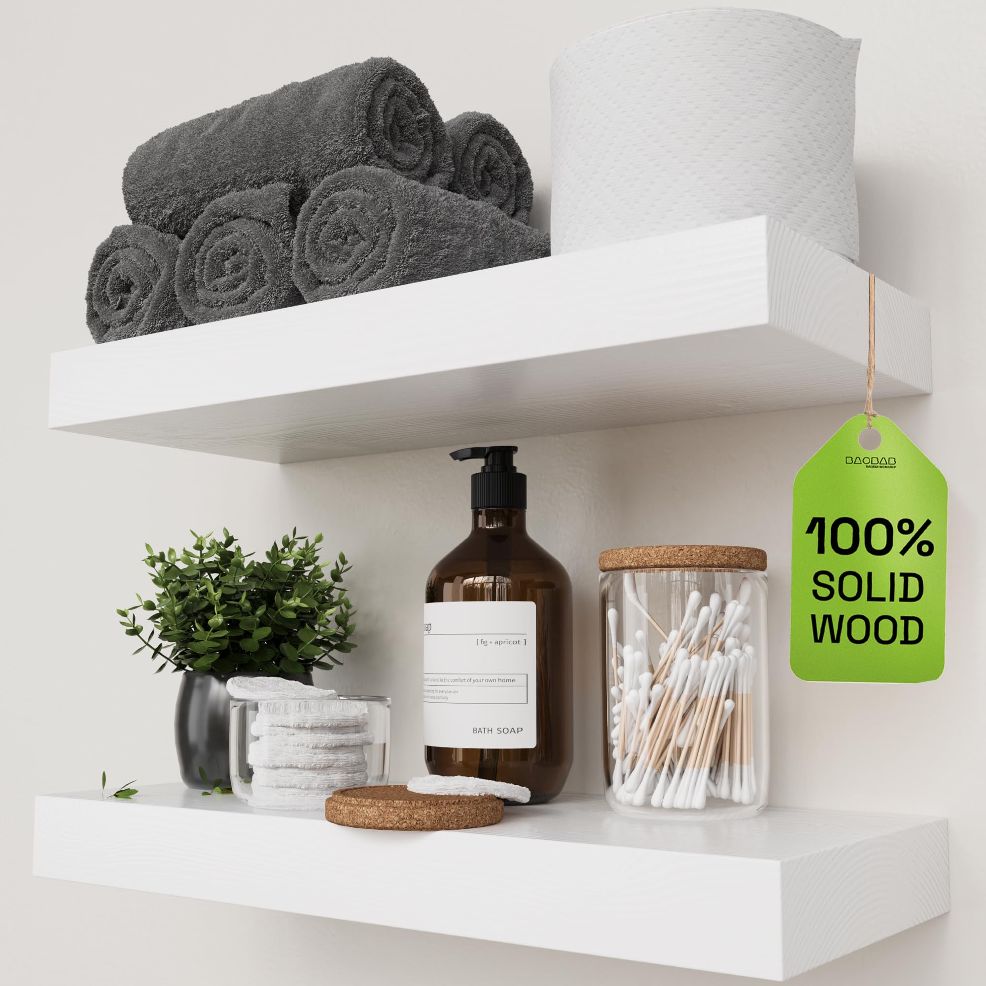BAOBAB WORKSHOP Wood Floating Shelves for Wall Mounted, 16 inch Walnut Floating Shelf for Bathroom, Solid Wooden Wall Shelves for Kitchen Bedroom Farmhouse, Walnut Finish, 16 x 6.7, Set of 2