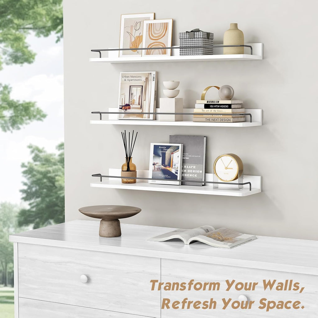 Forbena Floating Shelves for Wall 24 Inches Long, Modern White Wall Shelving Unit for Bedroom, Wood Hanging Shelf for Kitchen Bathroom Living Room Office Organizers and Storage (White and Grey)